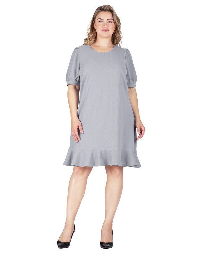 Adeline Women's Plus Size Puff Sleeves Drop Waist Ruffle Hem Mini Dress, Grey / Light Grey, hi-res image number 0