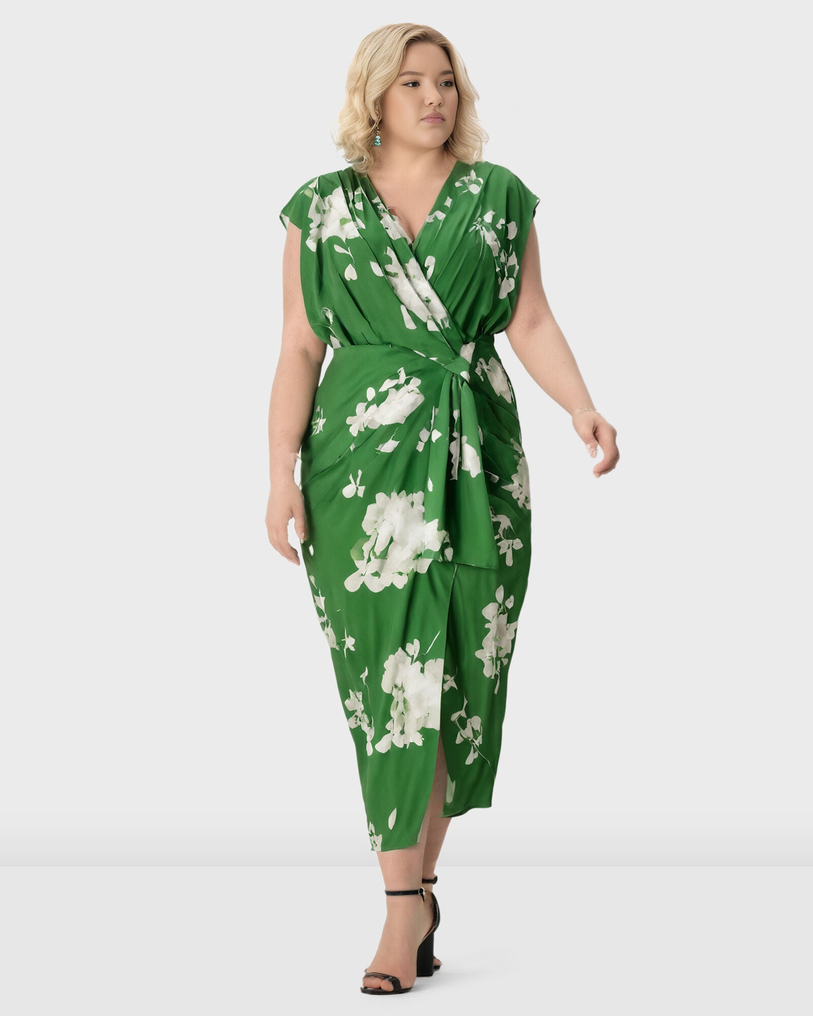 Dolman Sleeve Floral Print Crepe Faux Wrap Dress Dia Co