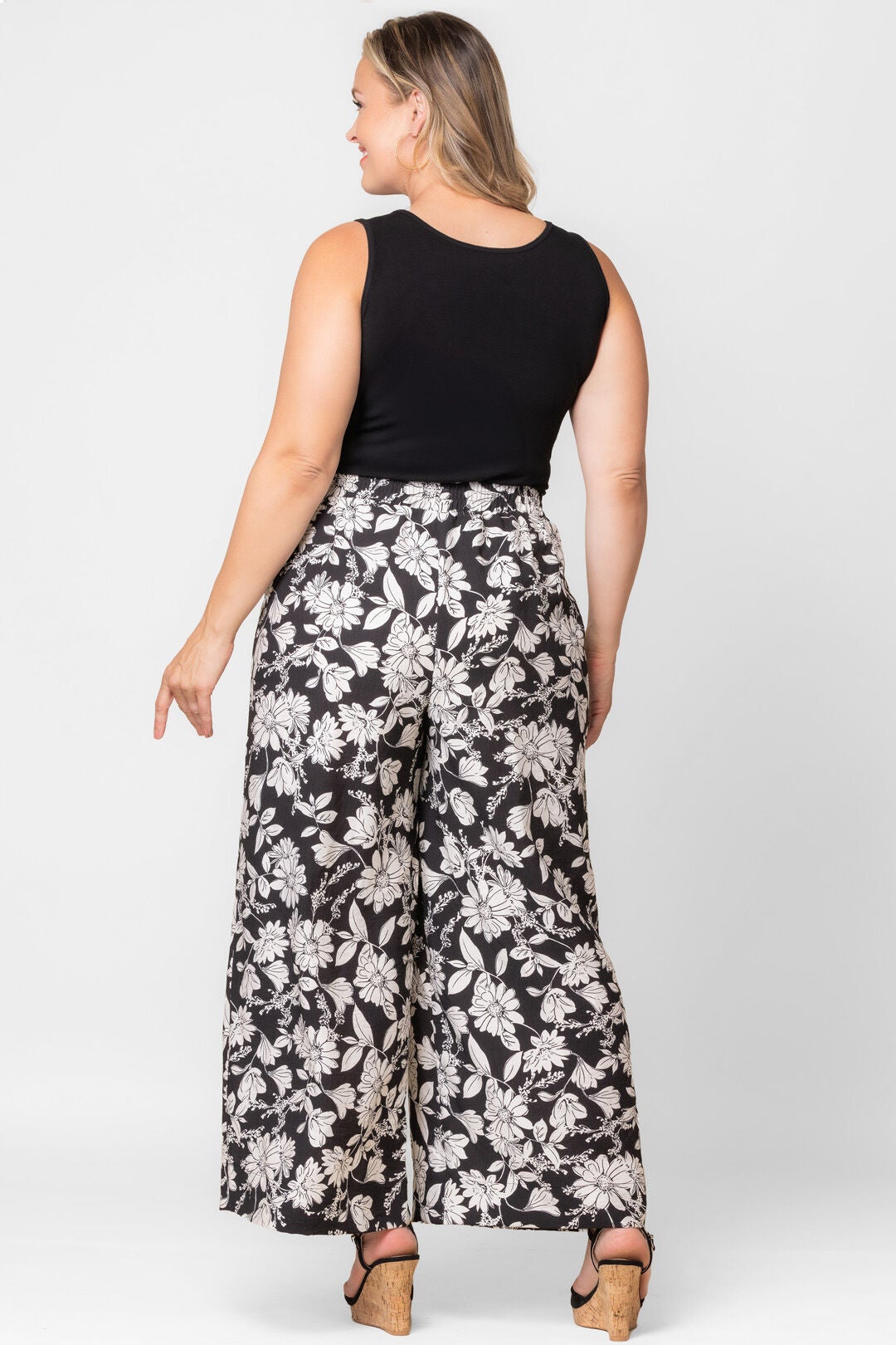 Eva Wide Leg Palazzo Pants, Black  White Florals / Black, alternate image number 1