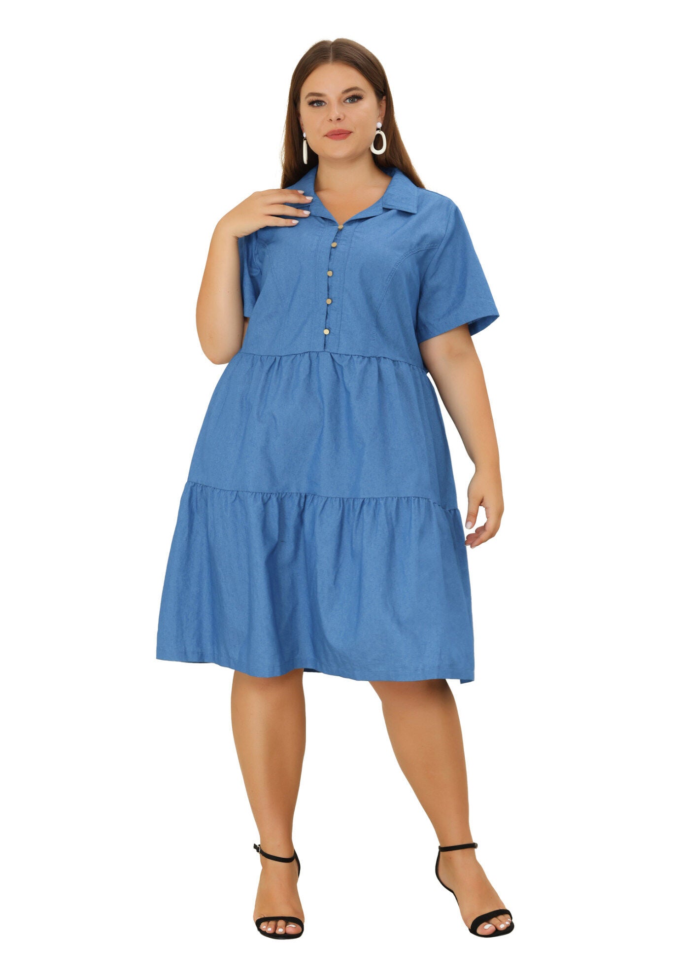 Short Sleeve Button Down Flowy Tiered Shirt Chambray Dress, Denim Blue / Chambray Denim Medium, hi-res image number 0