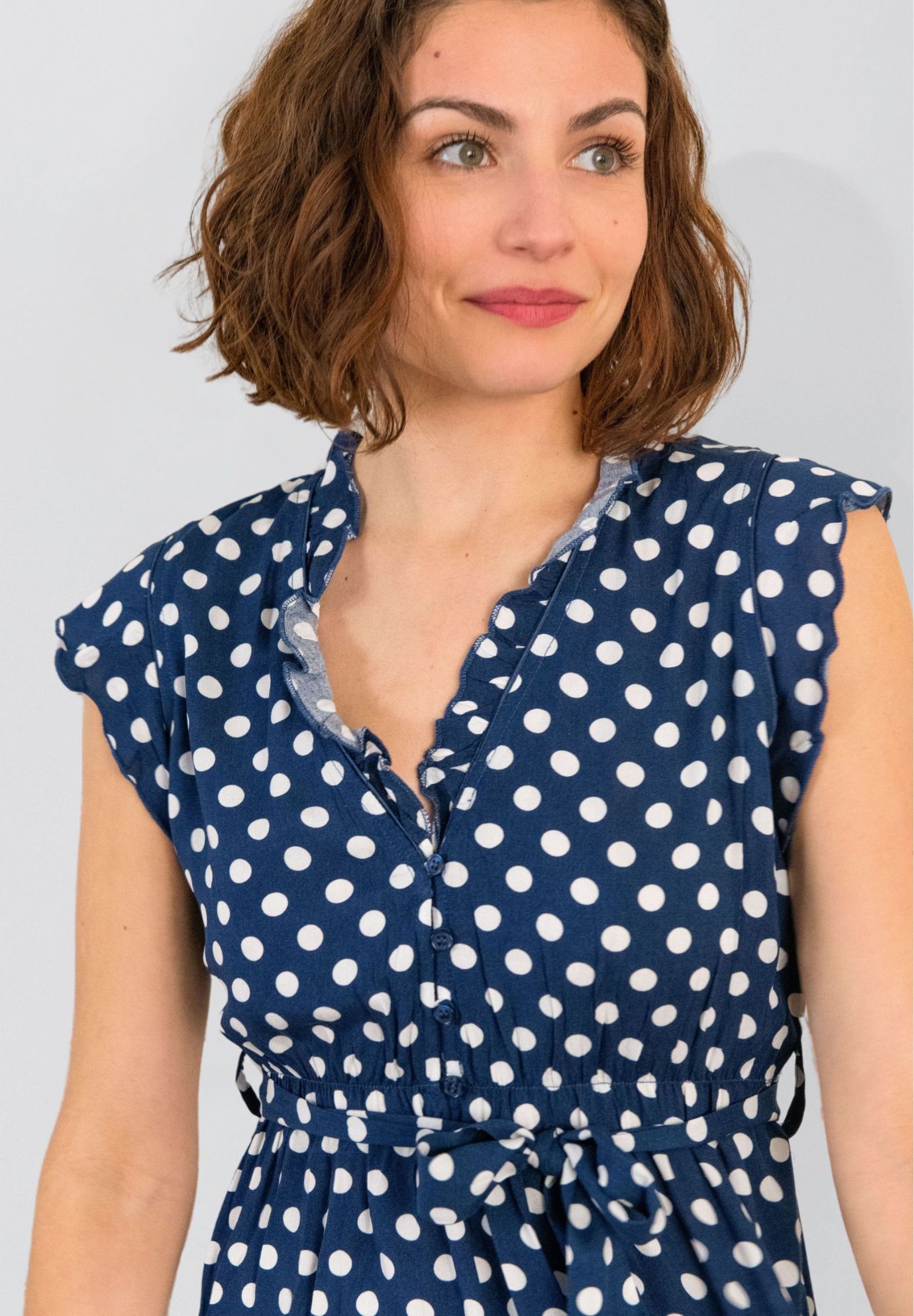 Annick - Natasha Polka Dot Short Dress with Belt, Pockets, and Ruffle Trim, Navy / Navy, alternate image number 2