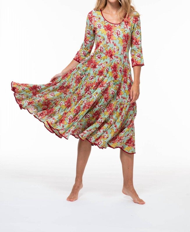 RUBY COTTON SUN DRESS IN MINT TEA DANCE, Mint Tea Dance / Red, hi-res image number 0