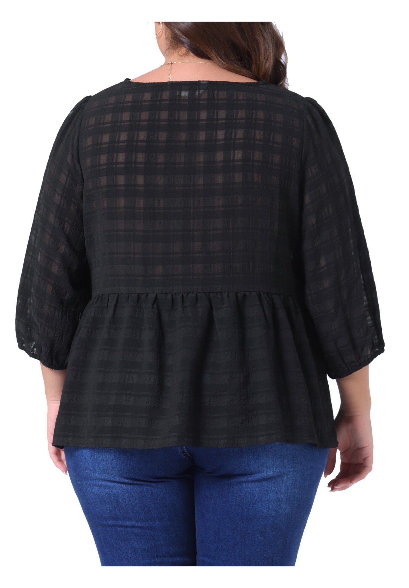 Babydoll Blouse Round Neck 3/4 Puff Sleeve Tiered Peplum Top, Black / Black, alternate image number 3