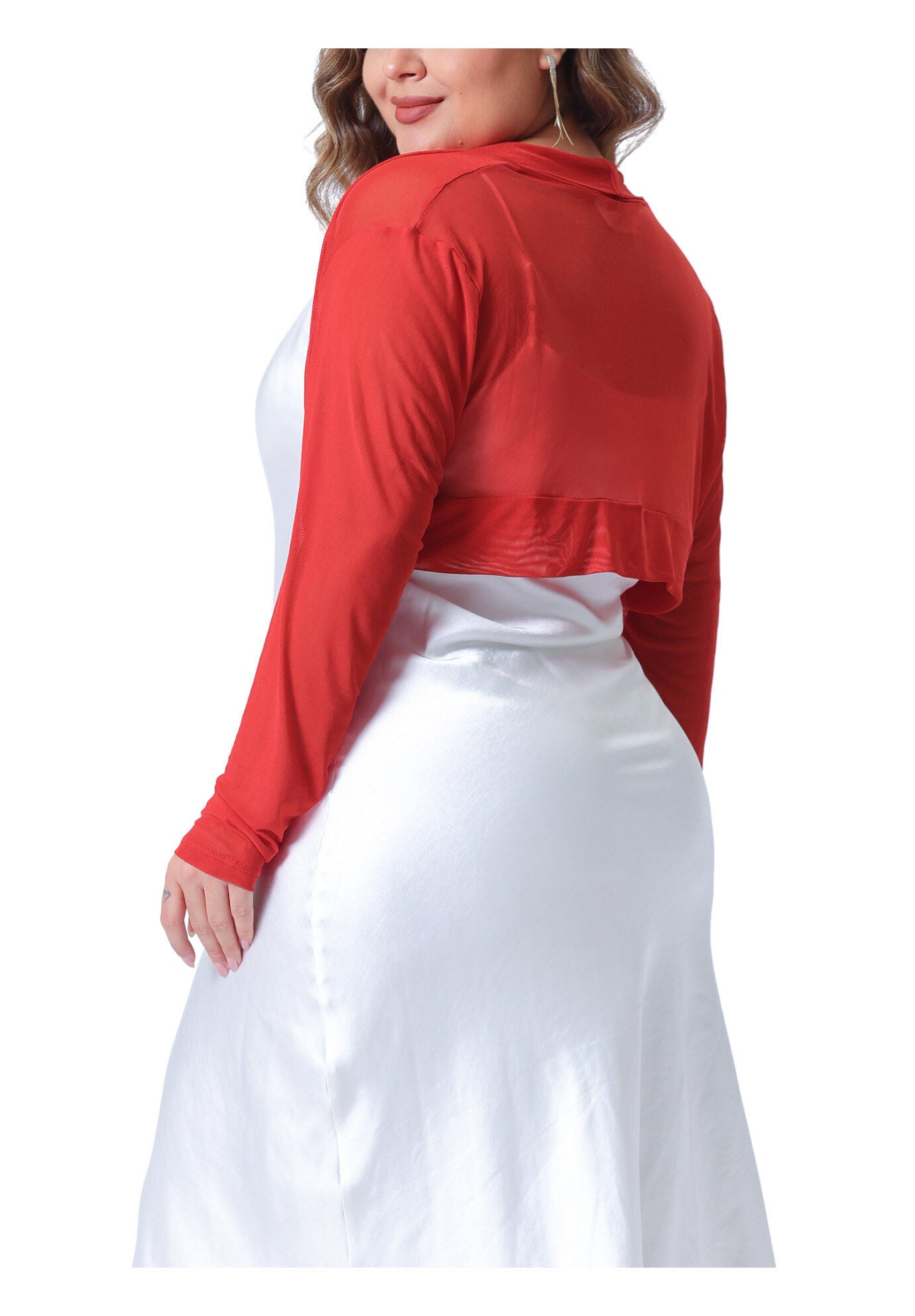 LONG SLEEVE SHEER BOLERO SHRUG MESH CROP CARDIGAN, Red / Red, alternate image number 4