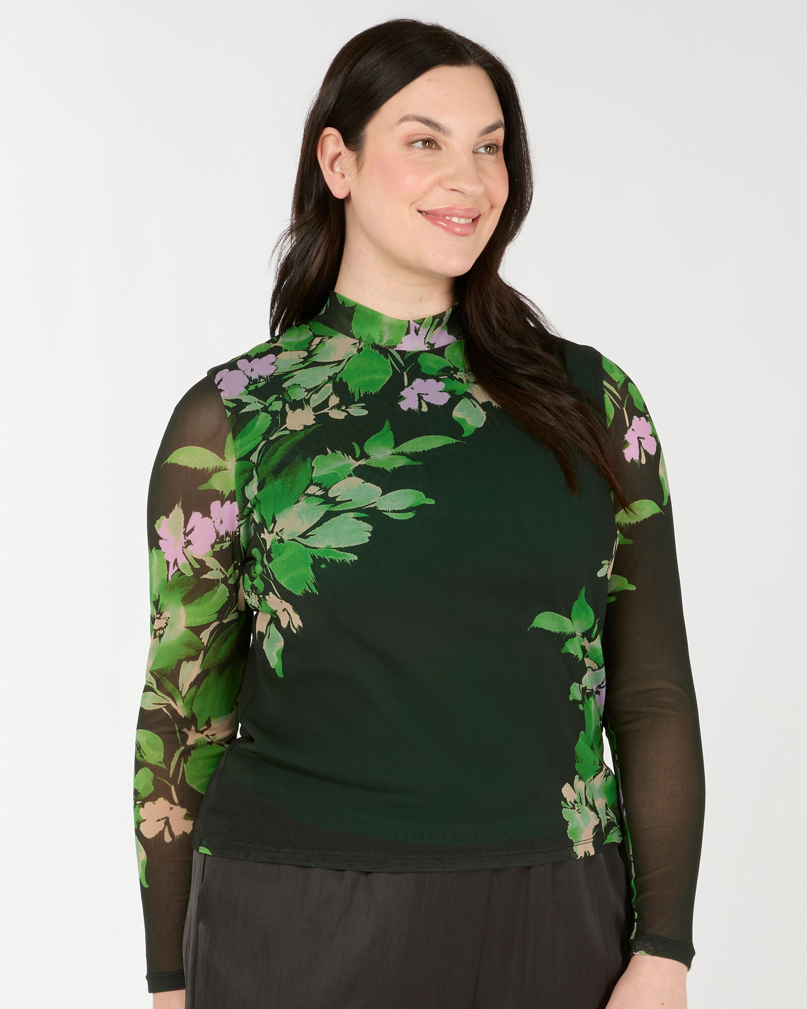 Fiora Printed Long Sleeve Mesh Top, Ivy Fleur / Forest Green, alternate image number 1