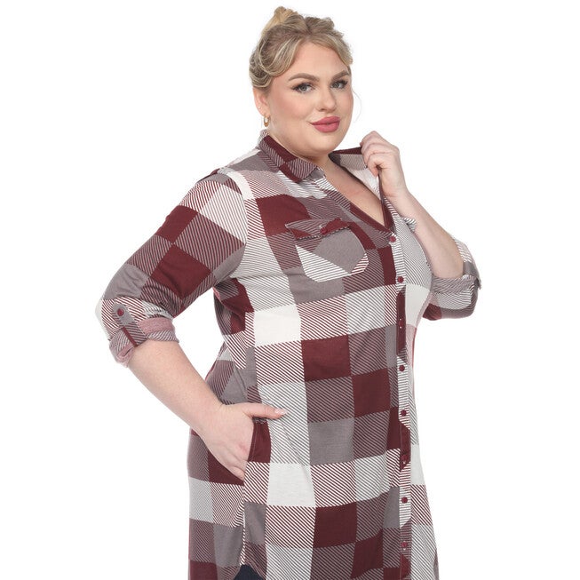 Plaid Button Down Tunic Shirt, Burgundy White / Burgundy, alternate image number null