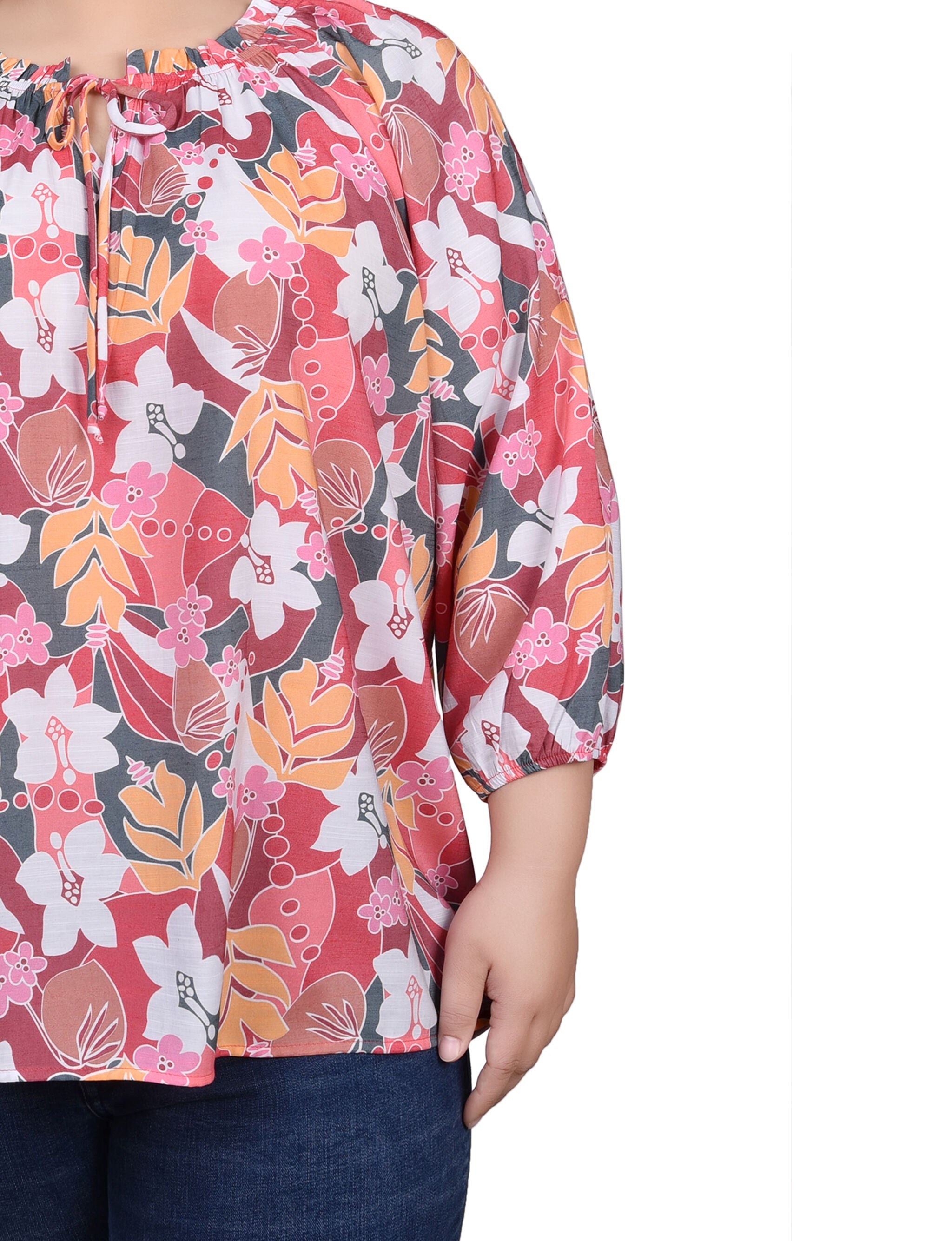 3/4 Sleeve Drawstring Neck Blouse, Pink Red Flower / pink, alternate image number 2