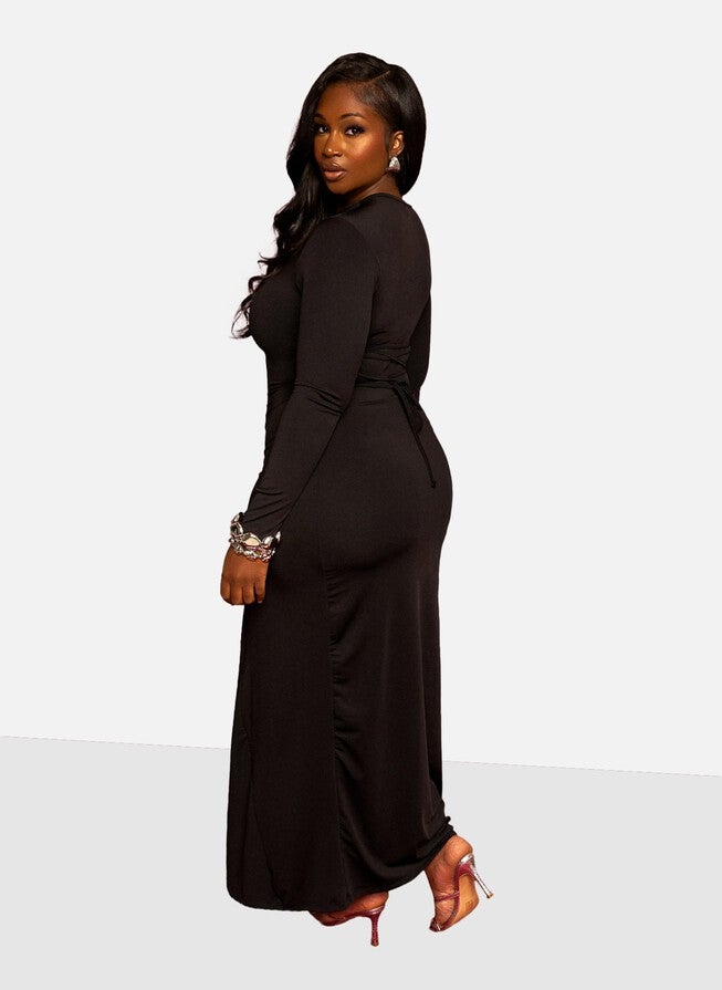 Bell Adjustable Waist Maxi Dress with Side Slit, Black / Black, alternate image number 1