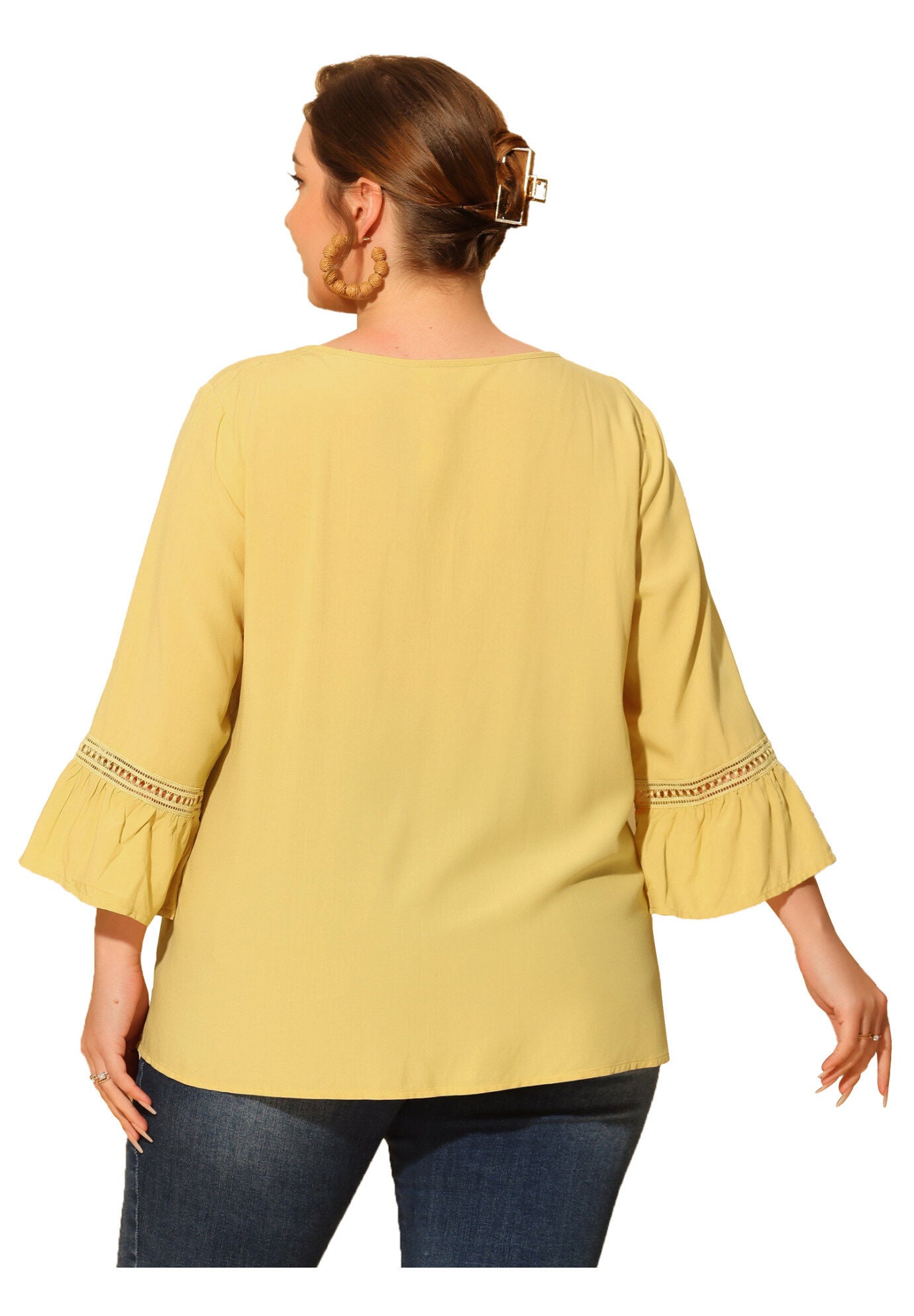 3/4 FLARE SLEEVE PEASANT KEYHOLE TIE BLOUSE TOP, Light Yellow / Light Yellow, alternate image number 3