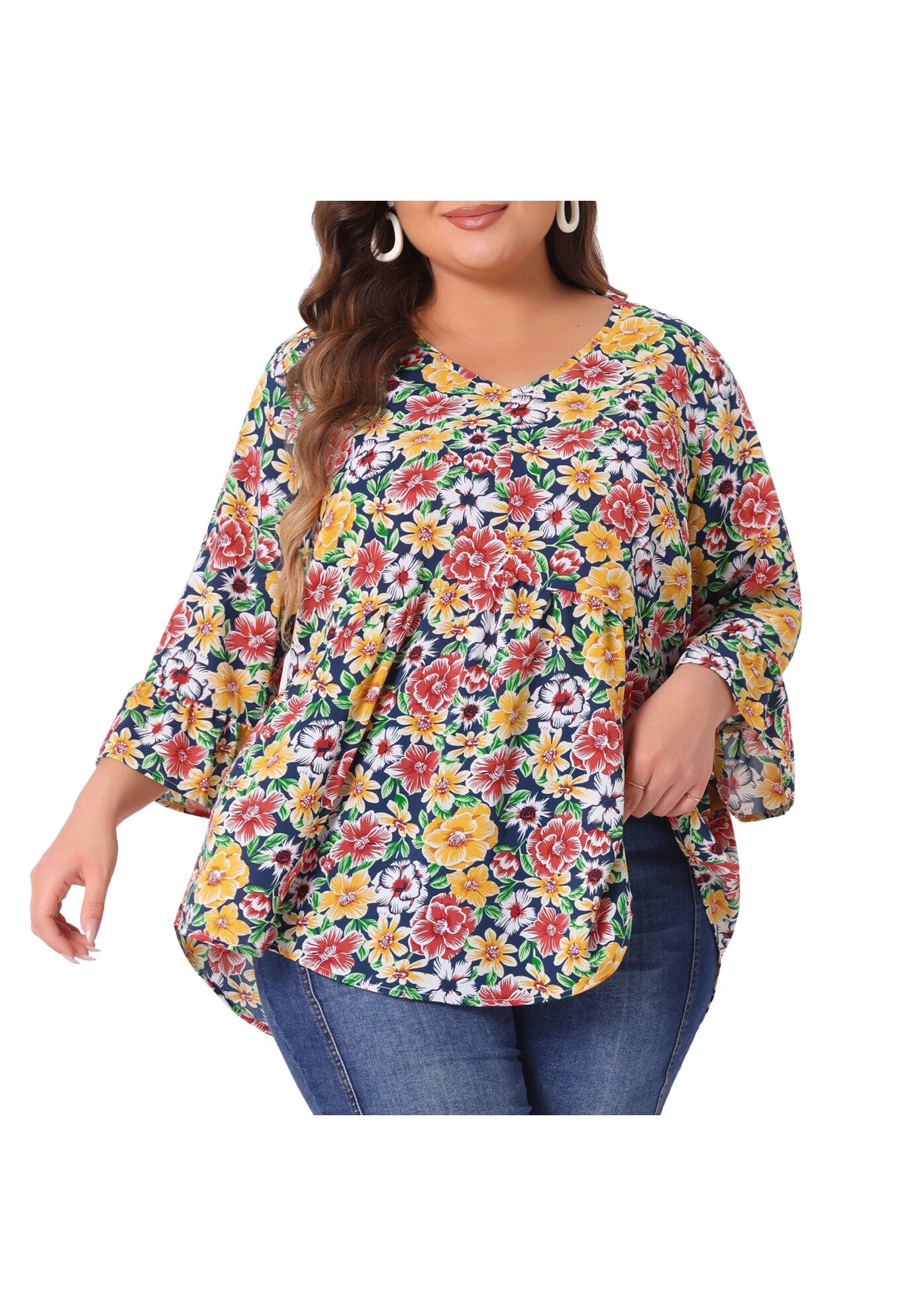 Floral V Neck Ruffle Sleeve Babydoll Peplum Blouse, Yellow / Yellow, alternate image number 2