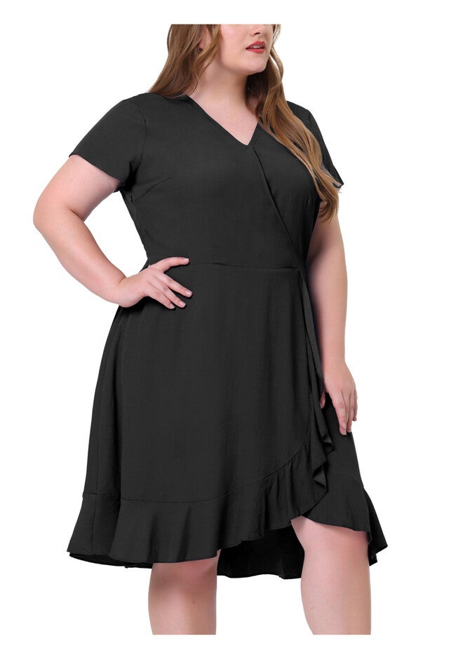 Chambray Faux Wrap V Neck Casual Ruffle Dress, Black / Black, alternate image number 2