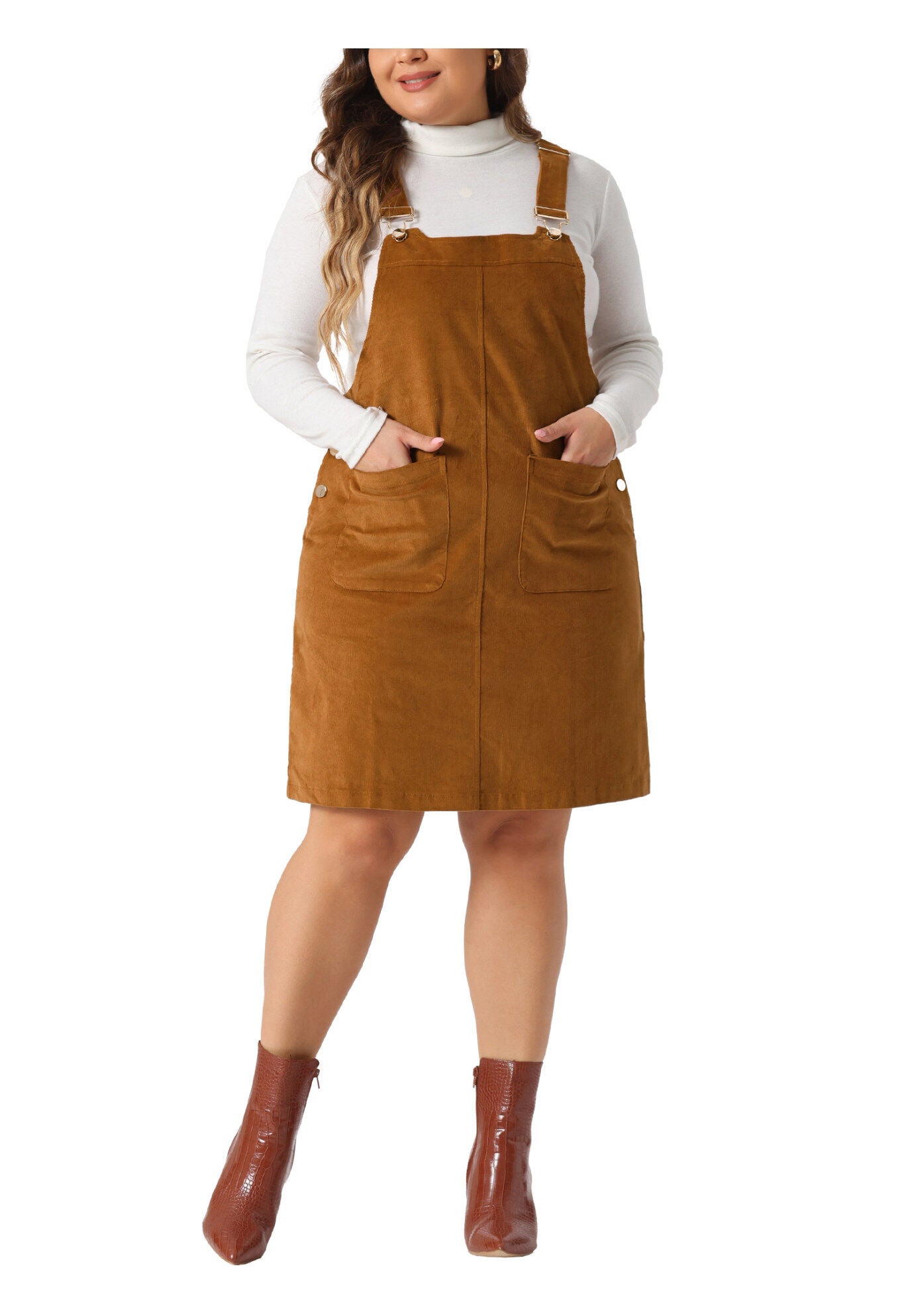Suspender Skirt Adjustable Strap Pinafore Corduroy Overalls Dress, Brown / Brown, alternate image number 1