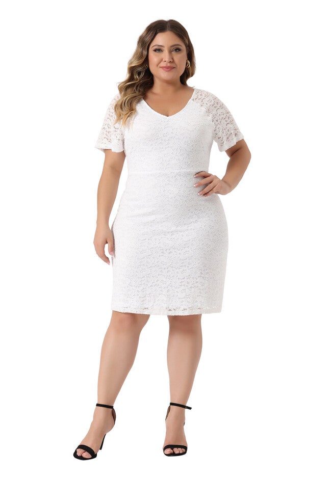 V NECK SHORT SLEEVE COCKTAIL WEDDING GUEST BODYCON LACE PENCIL DRESS, White / White, hi-res image number null