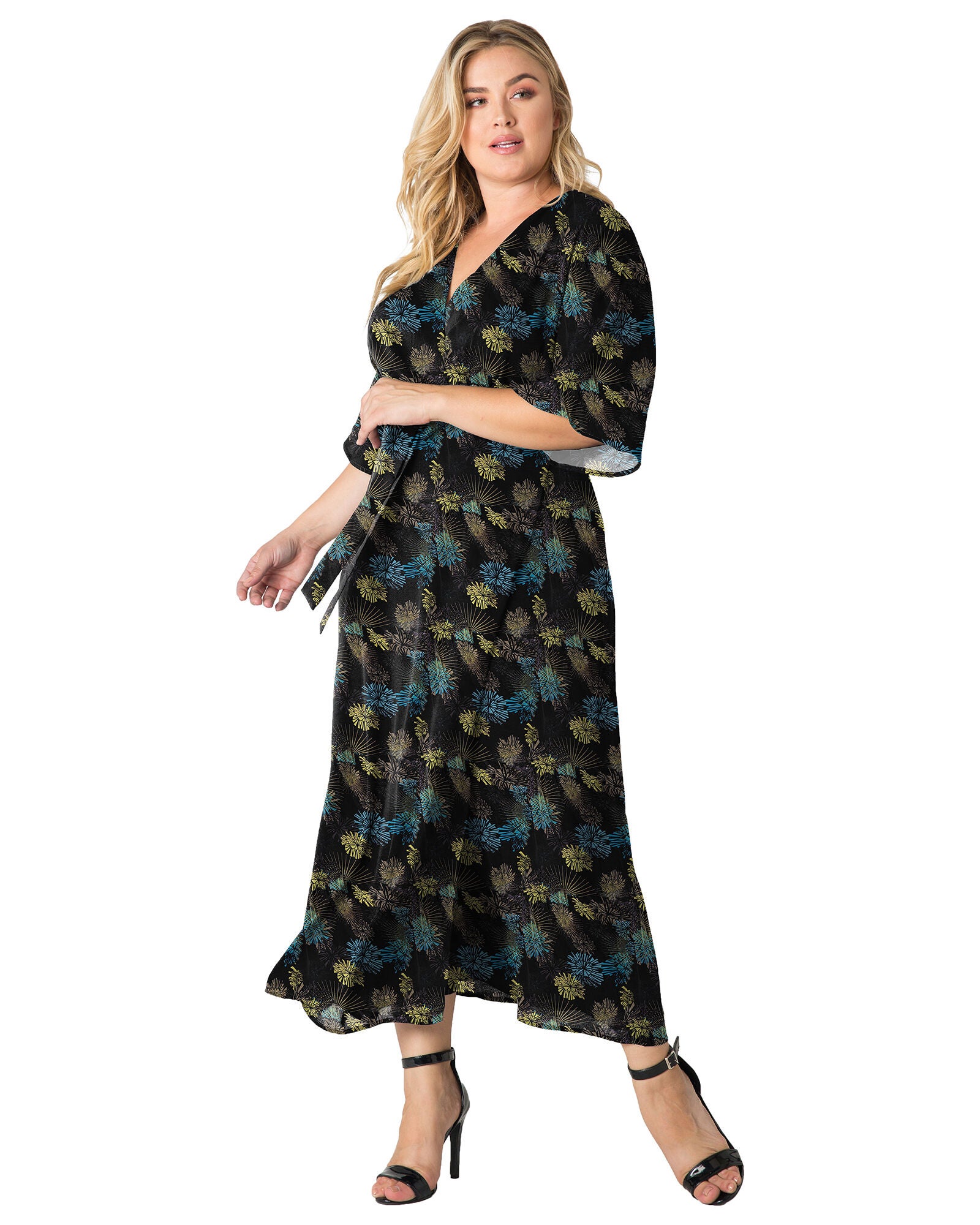 Plus Size Olivia Kimono Wrap Maxi Dress, Black Sparkler / Light Grey, hi-res image number 0