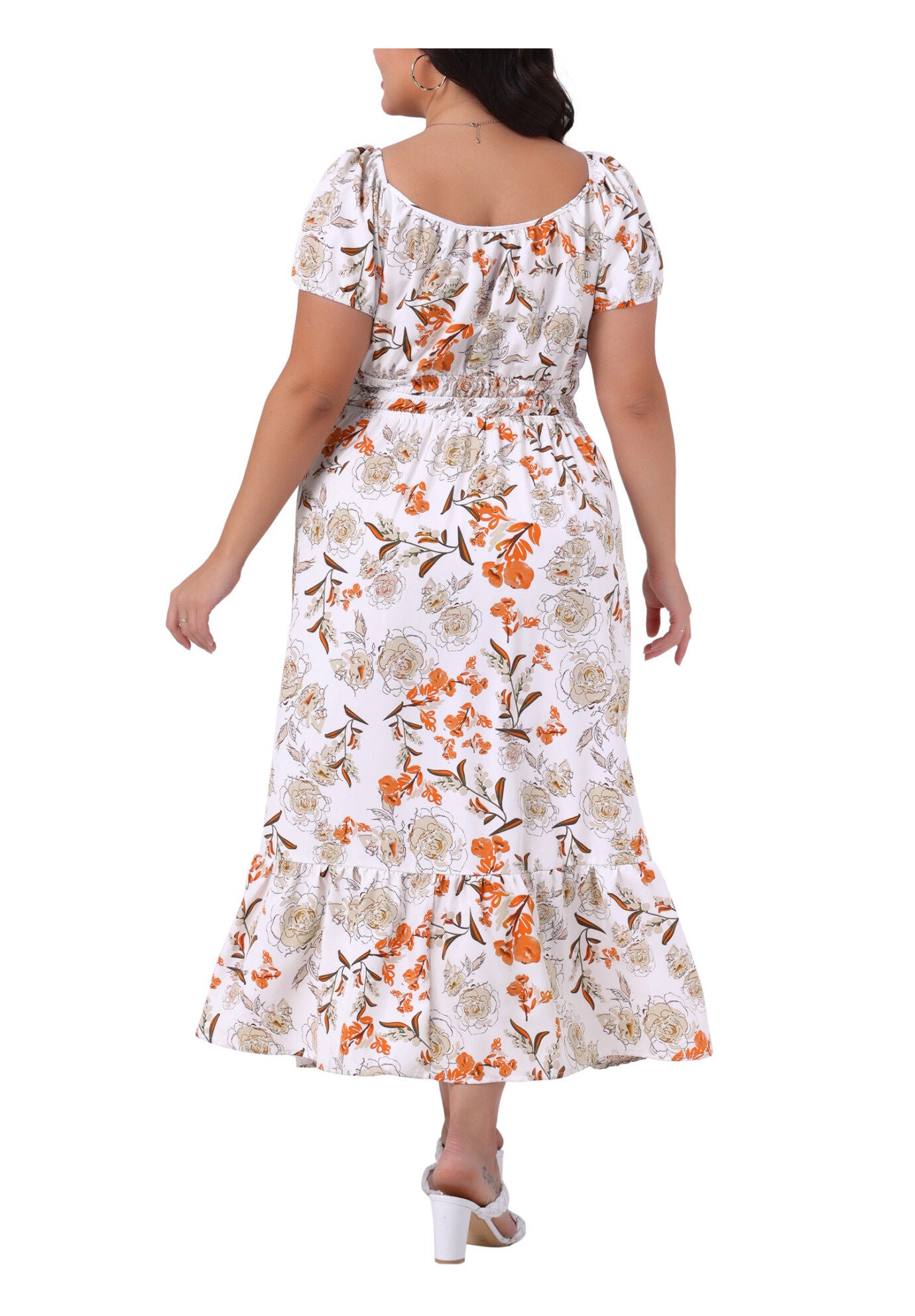 Square Neck Floral Short Sleeve Side Slit A Line Maxi Floral Dress, White / White, alternate image number 3
