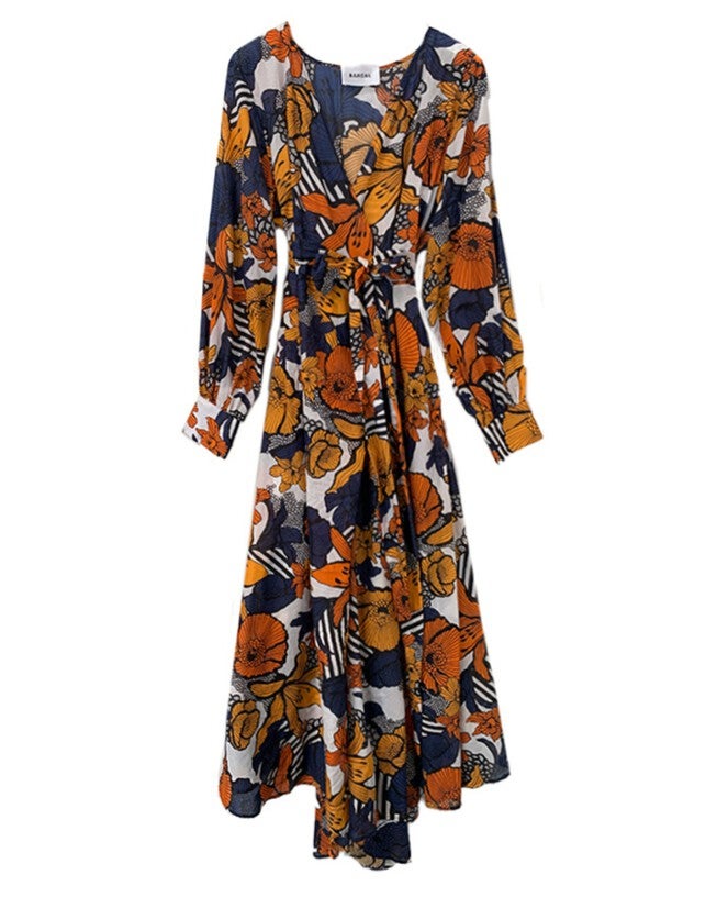 The Marigold Wrap Dress, Marigold Print / Navy, hi-res image number null
