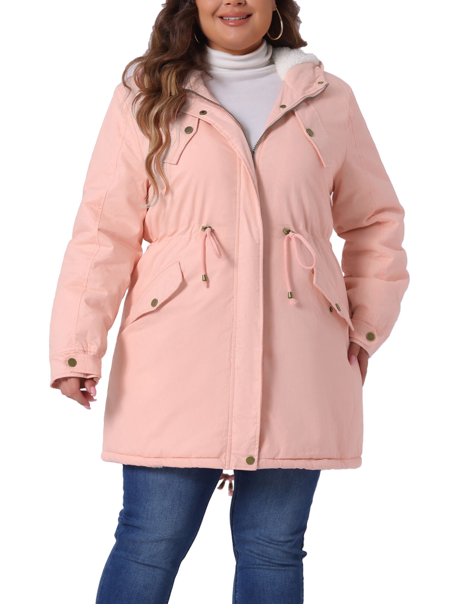 HOODED PARKAS JACKET FAUX FUR LINED LONG ANORAK COAT, Pink / Pink, alternate image number 1