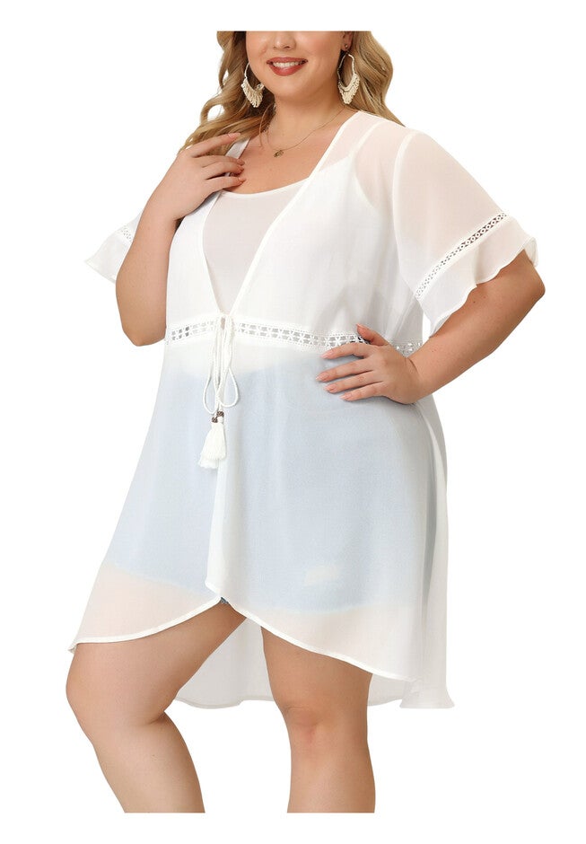 BIKINI COVER UP SHORT SLEEVE TASSEL TIE WAIST KIMONO, White / White, alternate image number 1