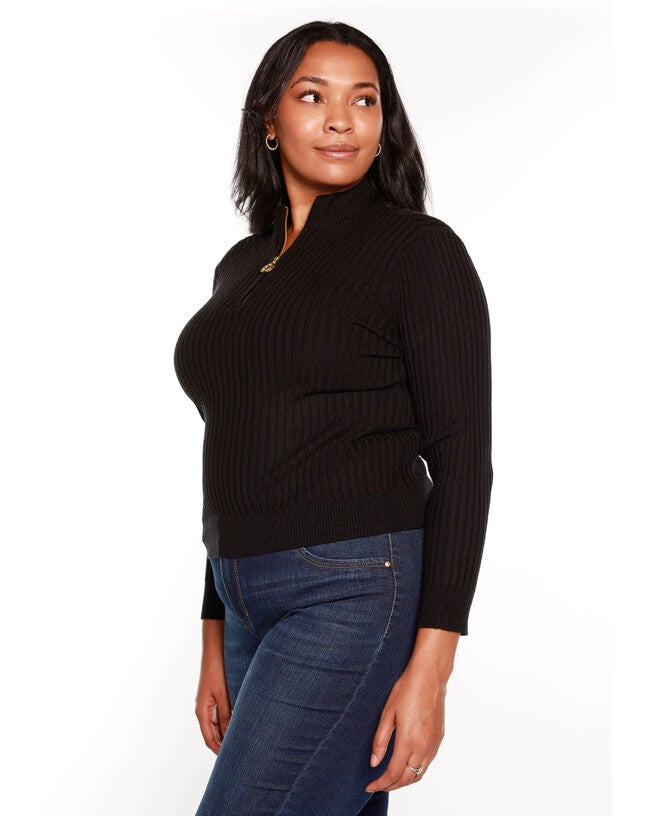 RIBBED MOCK NECK HALF-ZIP SWEATER, Black / Black, alternate image number 2