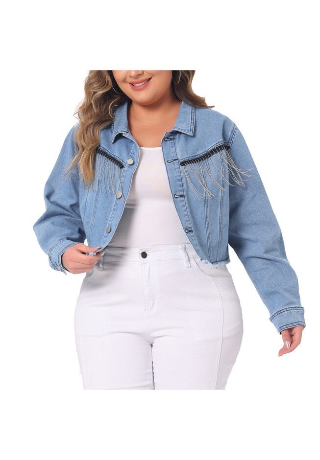 FRAYED HEM TASSEL BUTTON JEANS CROPPED DENIM JACKET, Blue / Light Blue, alternate image number 1