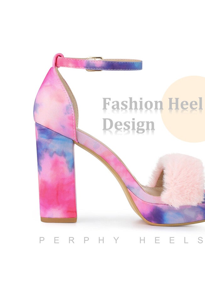 Tie Dye Faux Fur Chunky Heels Platform Sandals, Hot Pink / Pink, alternate image number null