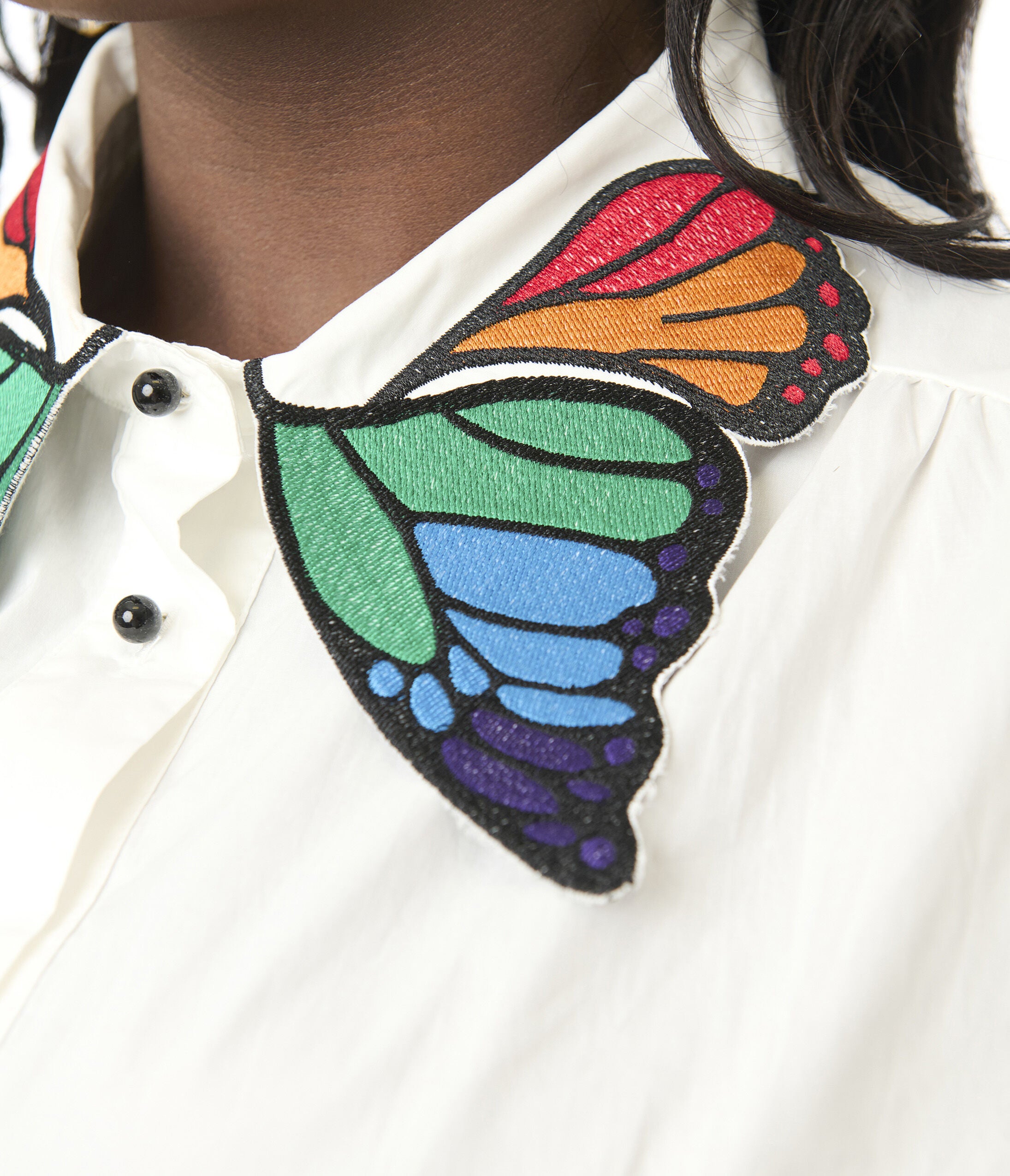 Unique Vintage Plus Size White & Rainbow Butterfly Collar Cotton Blouse, White / White, alternate image number 1
