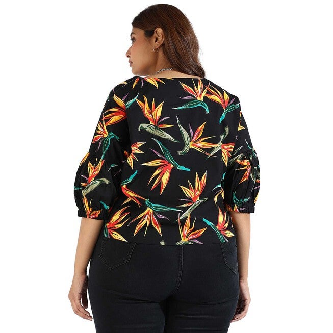 Women Tropical Design Casual Top, Black / Black, alternate image number 4