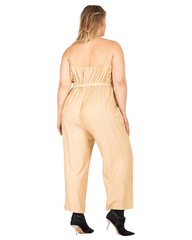 Charli Women's Adjustable Spaghetti Strap Elastic Neckline High Waist Jumpsuit, Khaki / Tan, alternate image number 2