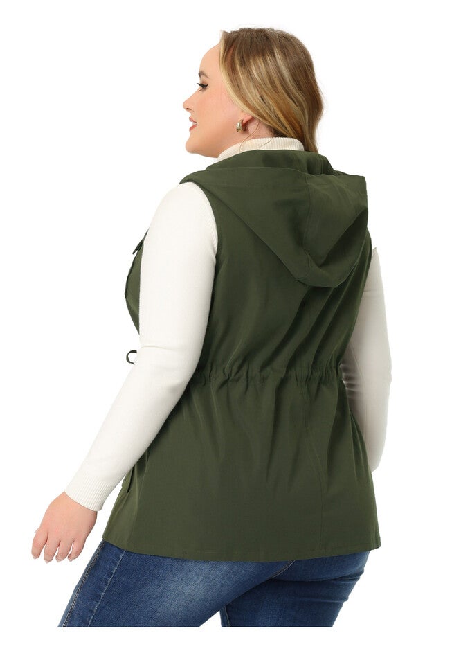 DRAWSTRING LIGHTWEIGHT SLEEVELESS CARGO HOODED ANORAK UTILITY VEST, Army Green / Olive Green, alternate image number 2