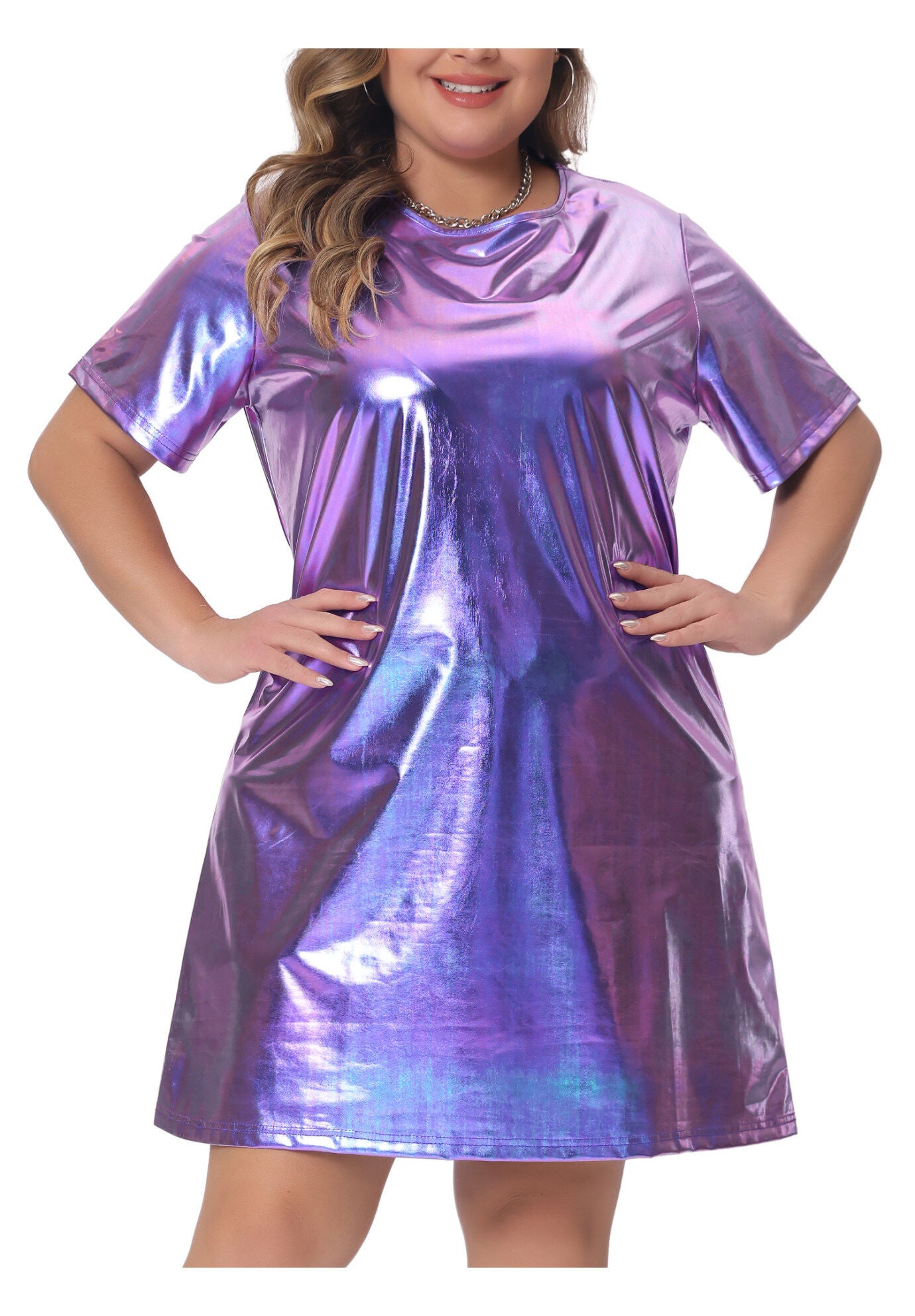 Metallic Round Neck Short Sleeve Loose Mini T-Shirt Dress, Purple / Purple, alternate image number 2