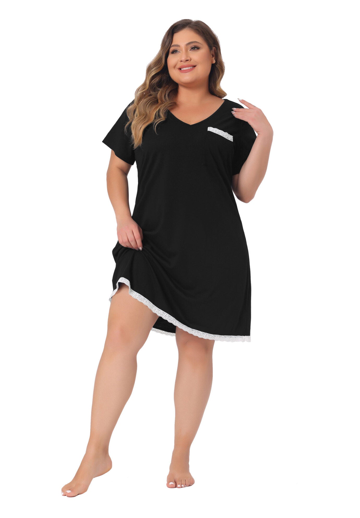 Short Sleeve Lace Trim Pajama Nightshirt, Black / Black, hi-res image number 0