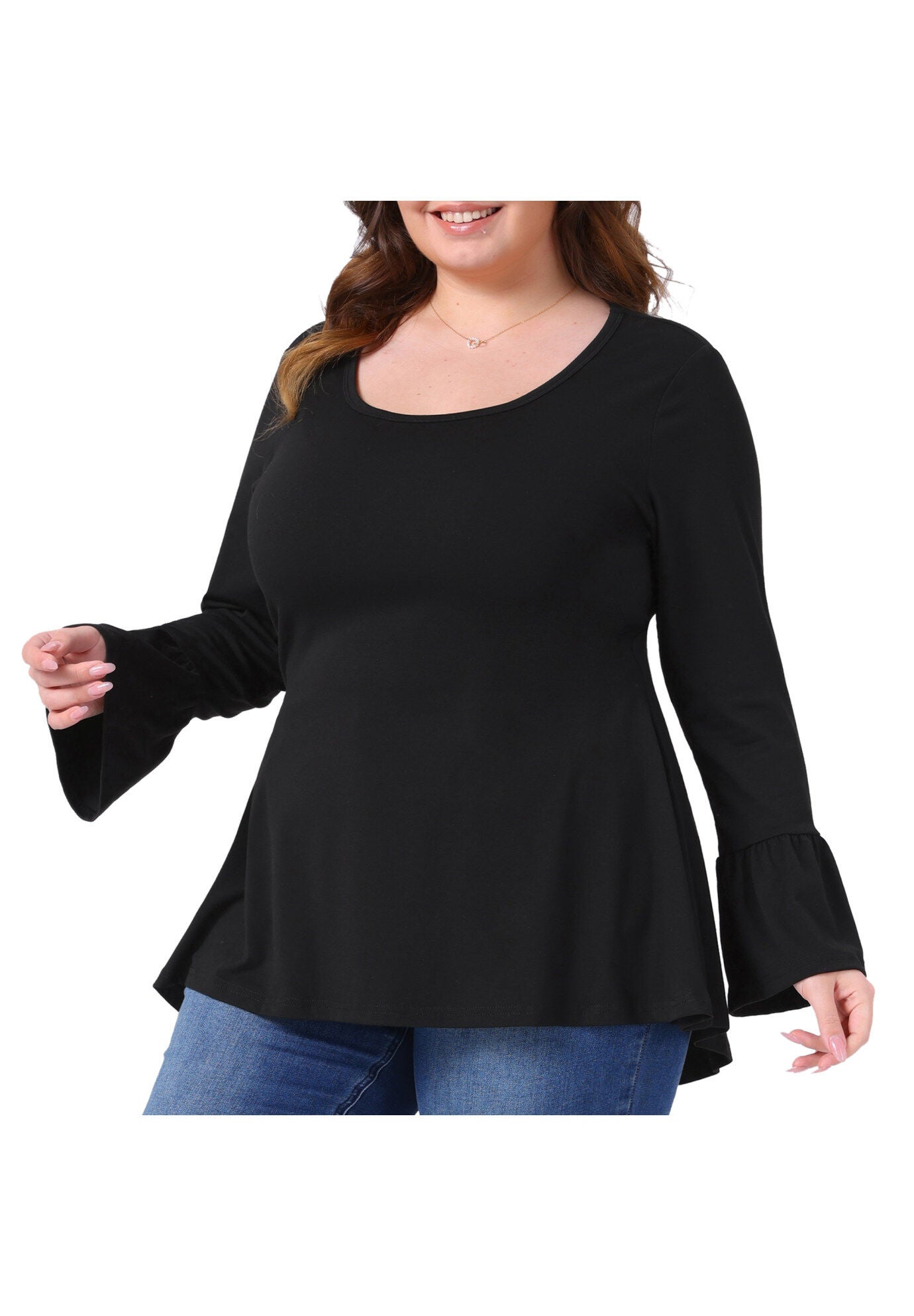 Crew Neck Bell Sleeve High Low Hem Blouses, Black / Black, alternate image number 1