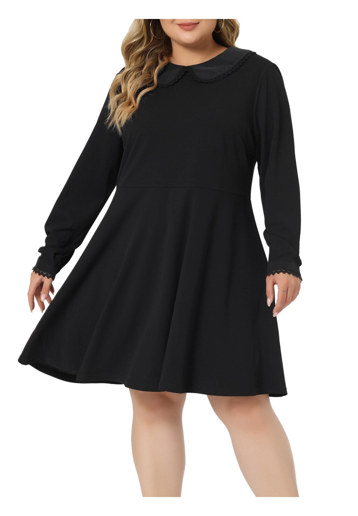 LONG SLEEVE DOLL PETER PAN COLLAR FLARE MIDI DRESS, Dark Black / Black, alternate image number 2