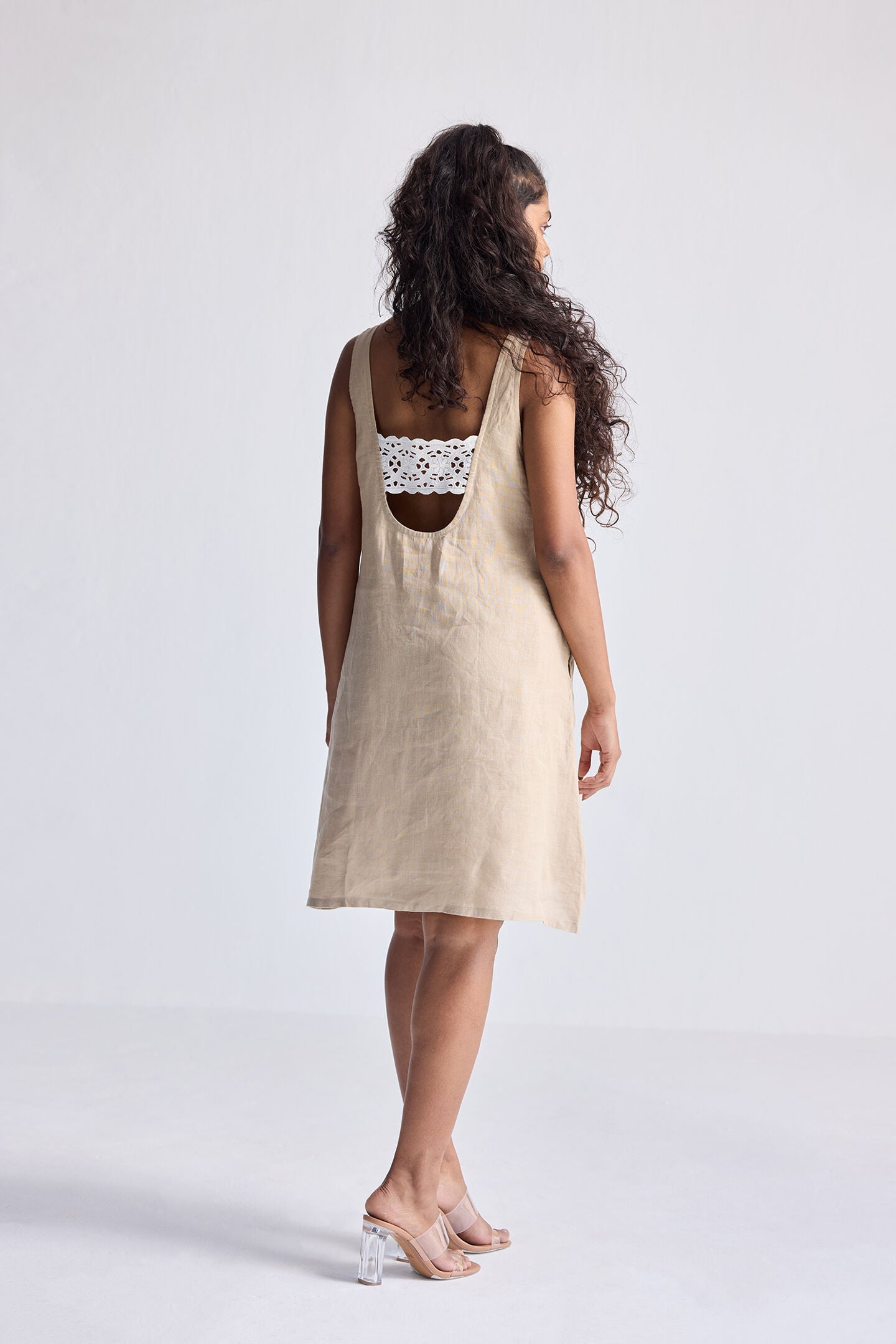Hemp Short Dress with Back Embroidered Lace Detail, Neutral Beige / Beige, alternate image number 1