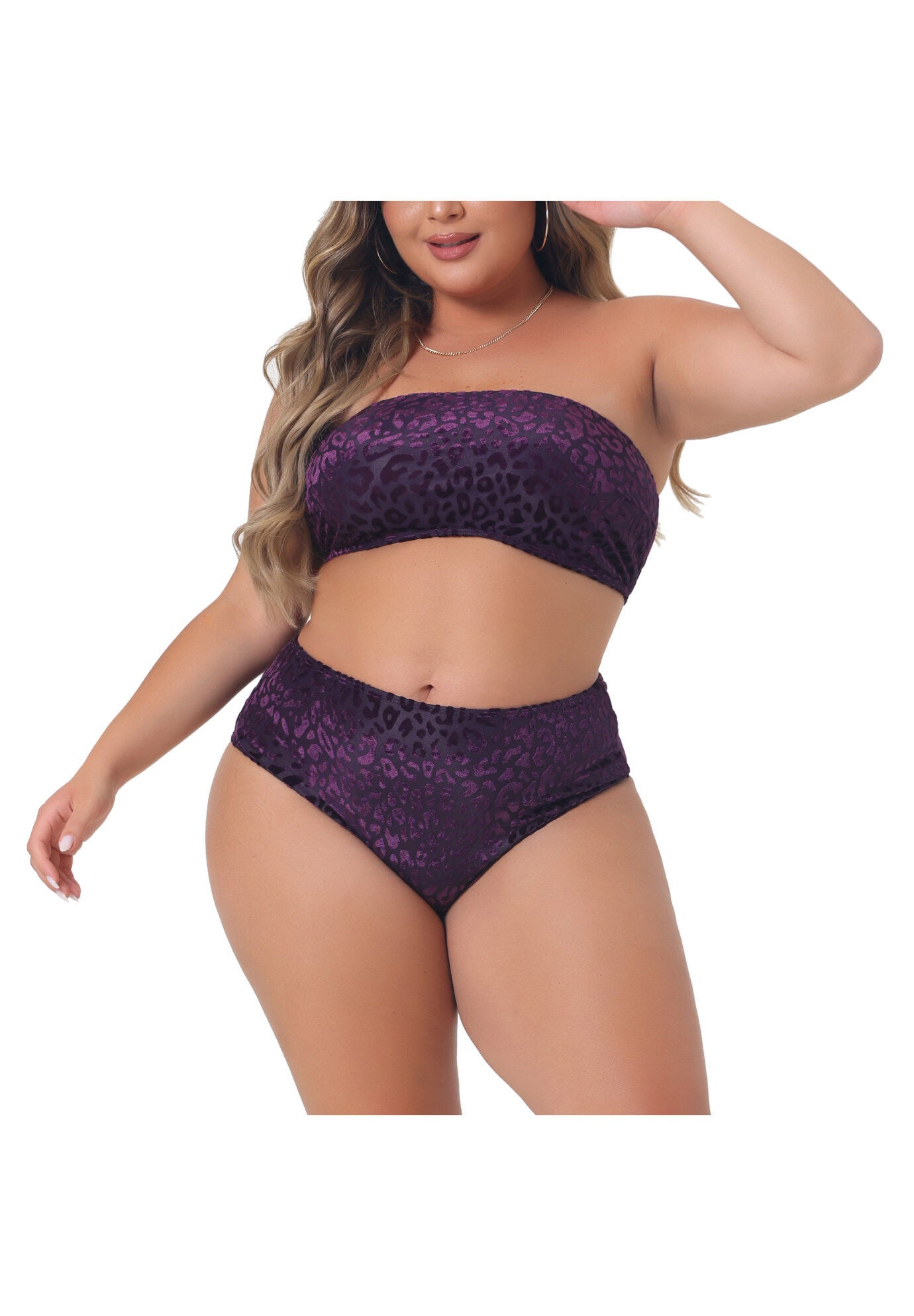2 Piece Bandeau Bikini Velvet Leopard High Waisted Swimsuit, Purple / Purple, alternate image number 2