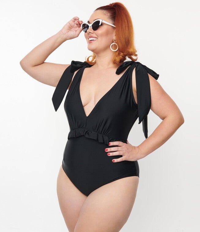 Unique Vintage Black Plunge One Piece Swimsuit, , alternate image number 8