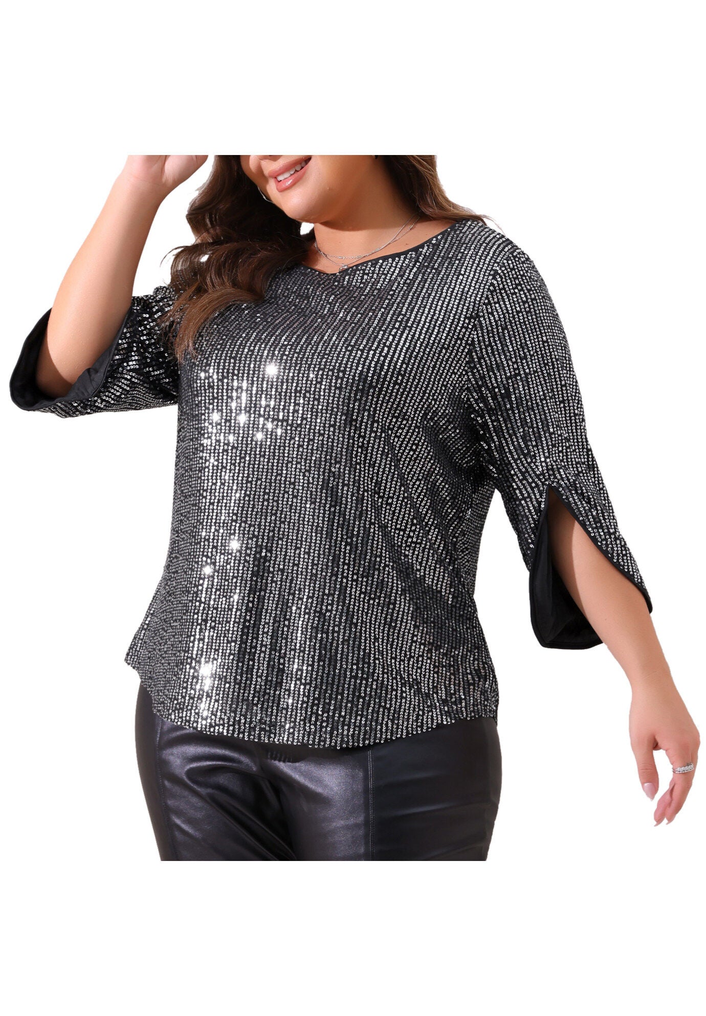Glitter 3/4 Slit Sleeve Shimmer Sequin Blouse Top, Black / Black, alternate image number 1