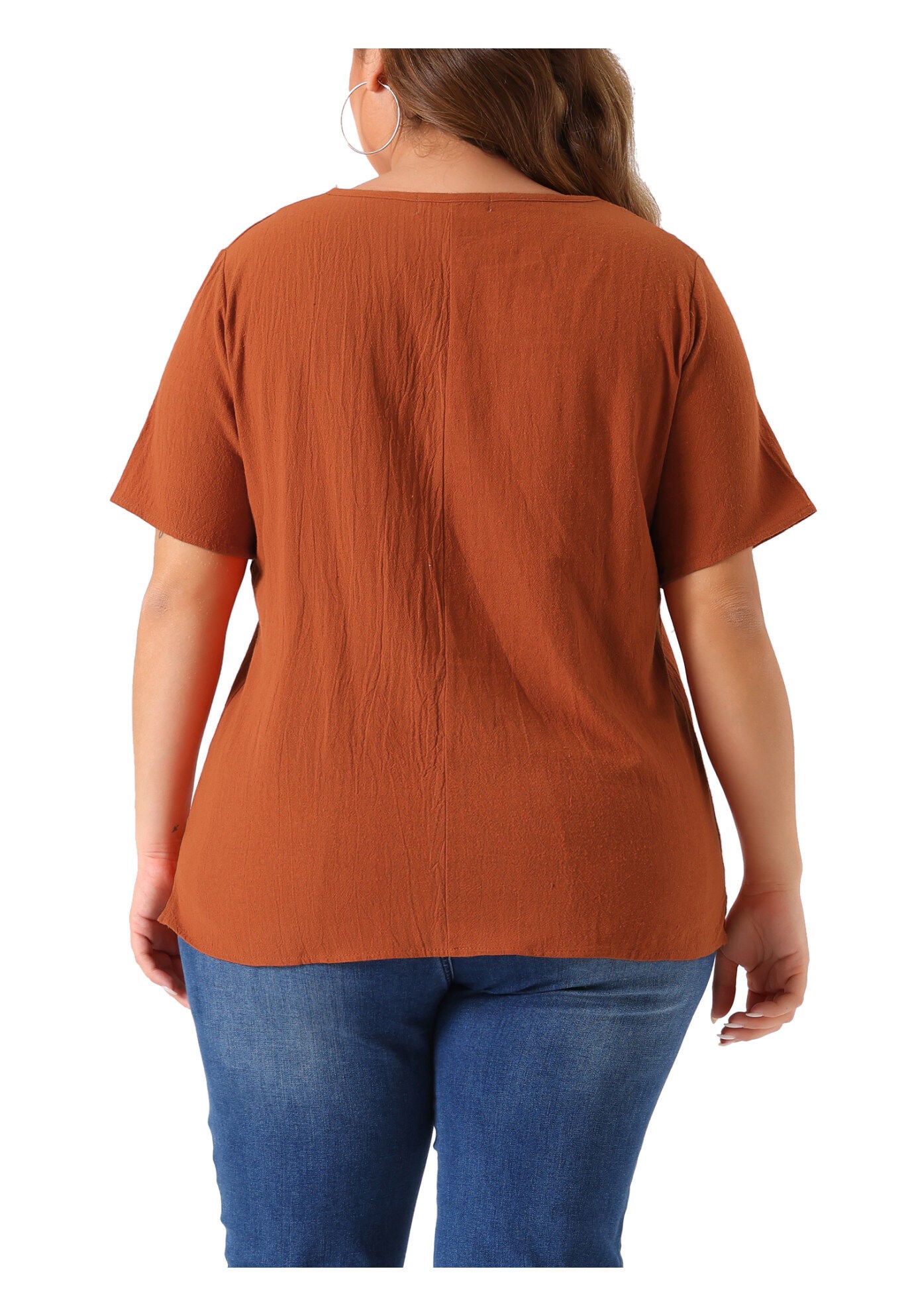 Short Sleeve Round Neck Cotton Linen T-Shirt Top, Brown / Brown, alternate image number 2