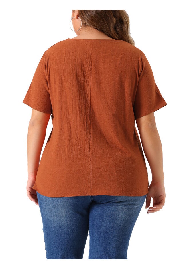 Short Sleeve Round Neck Cotton Linen T-Shirt Top, Brown / Brown, alternate image number 2