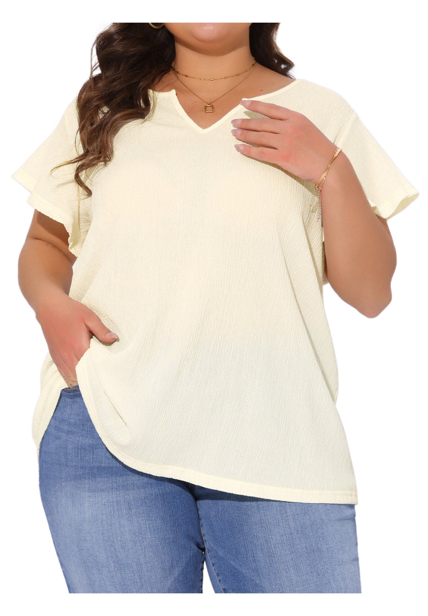 V Neck Ruffle Short Sleeve Summer Blouse, Beige / Beige, alternate image number 2