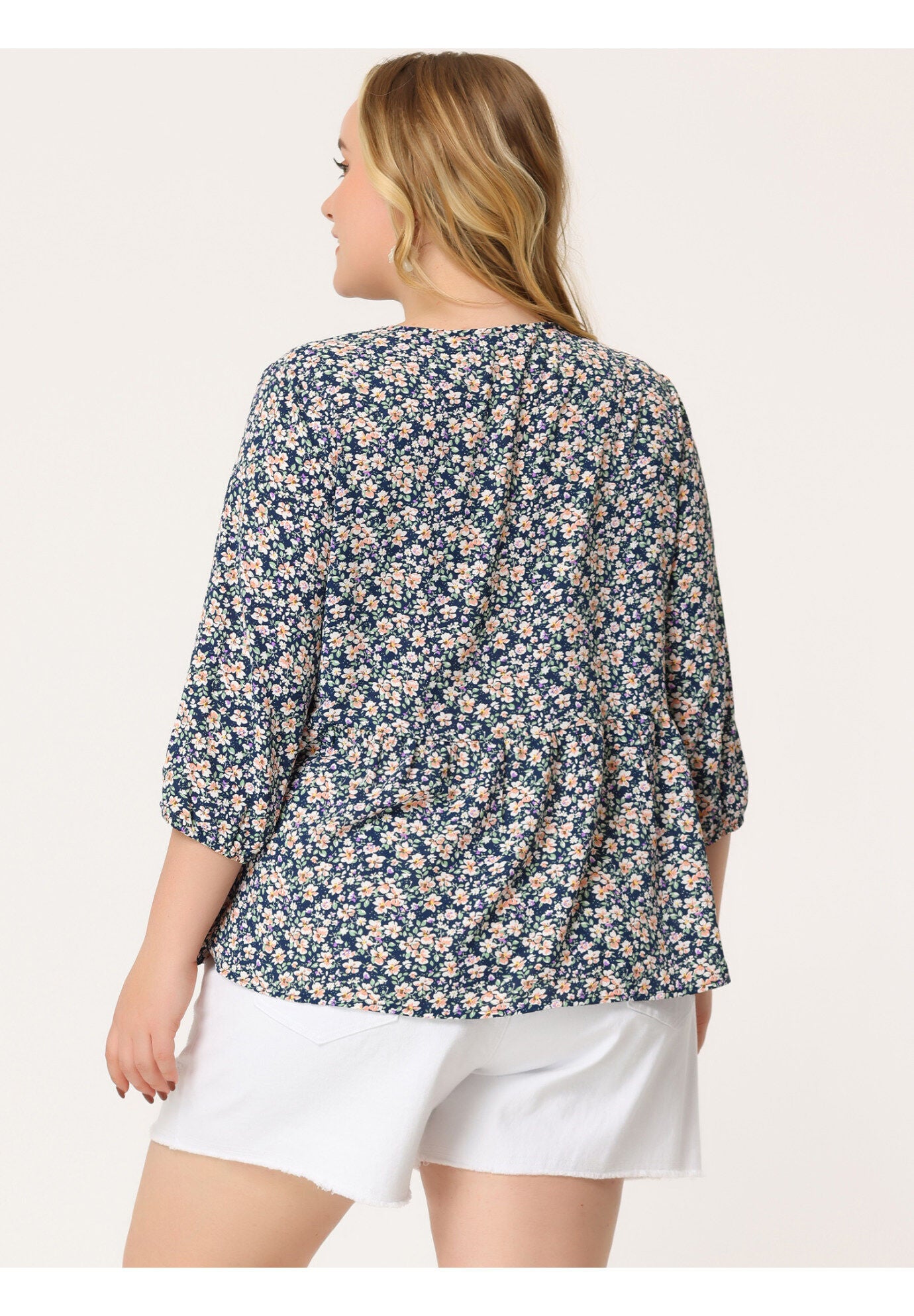 V Neck Babydoll Flowy 3/4 Lantern Sleeve Floral Blouse, Navy Blue / Navy, alternate image number 3