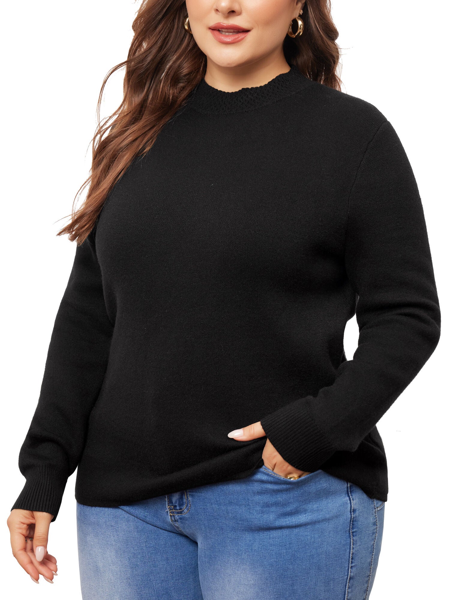 Crewneck Long Sleeve Knit Pullover Top, Black / Black, alternate image number 1