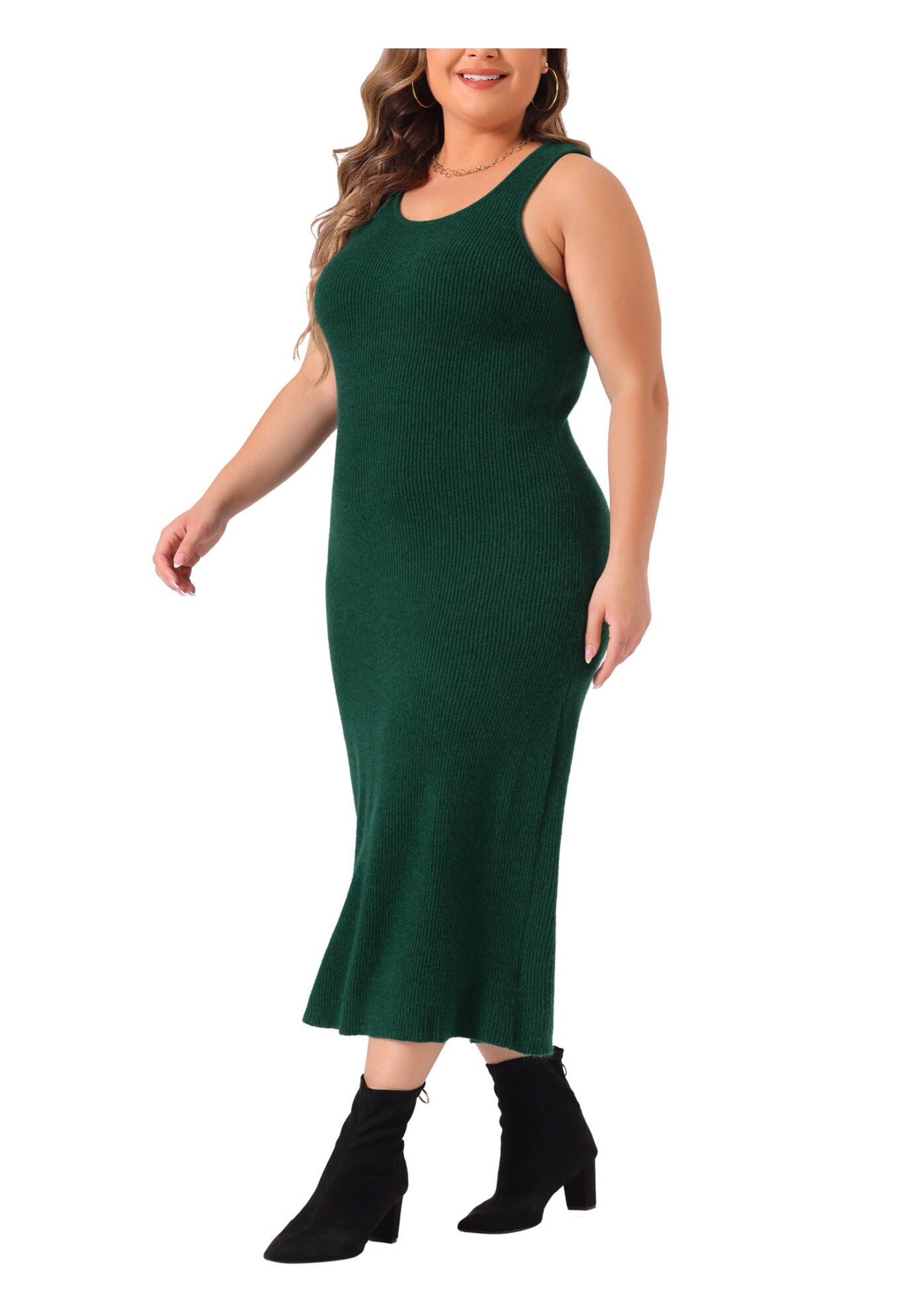 Crew Neck Sleeveless Knit Bodycon Midi Sweater Tank Dress, Dark Green / Forest Green, alternate image number 1