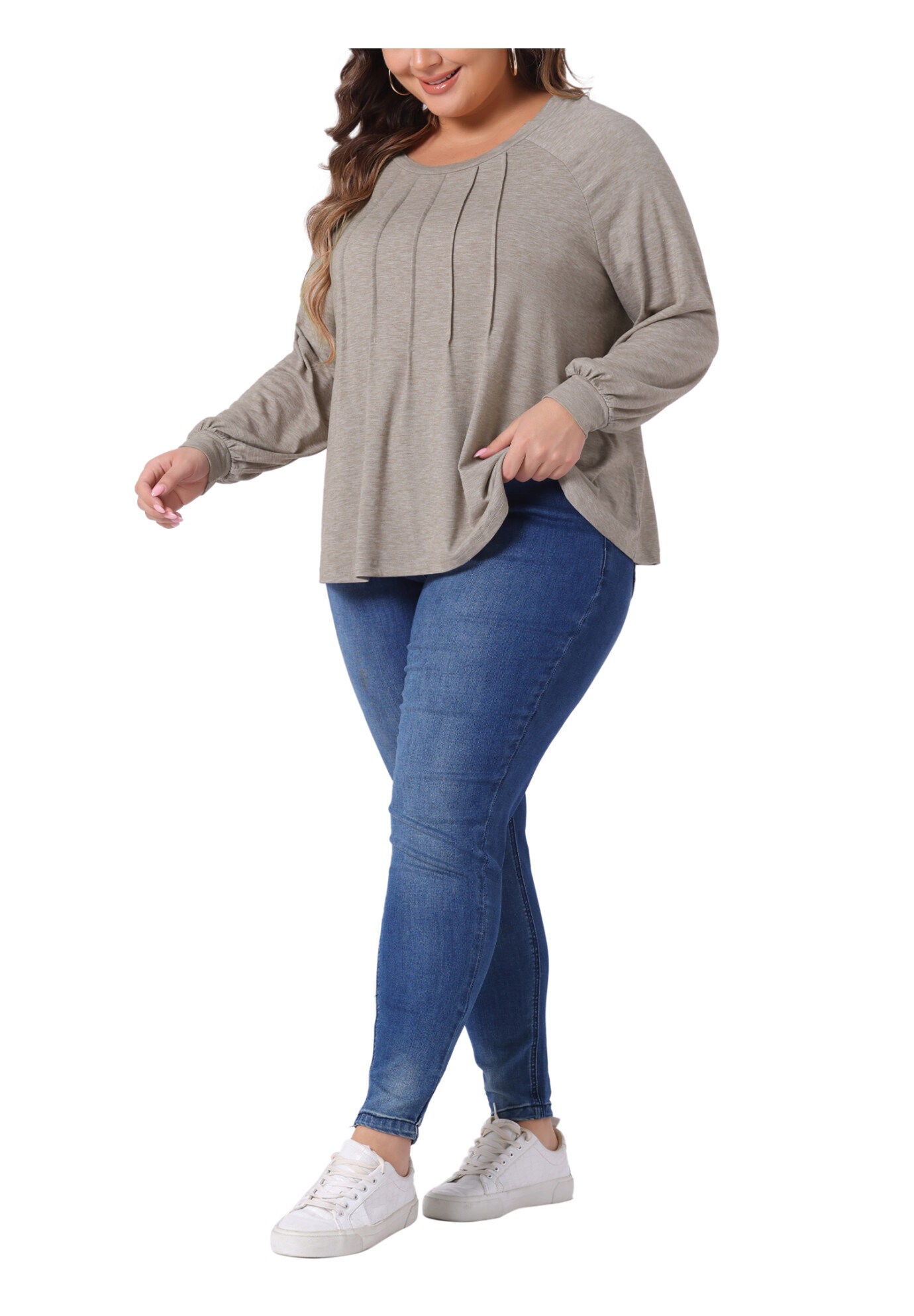 Crew Neck Pleated Long Sleeve Tunic Blouse, Light Khaki / Warm Grey, hi-res image number 0