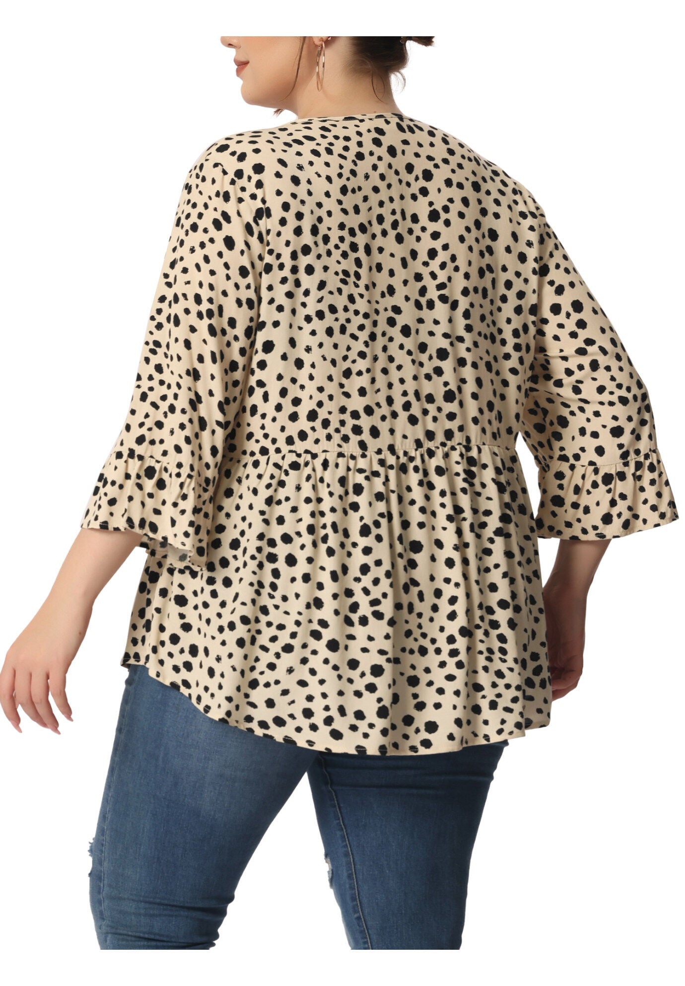 Polka Dots Blouse 3/4 Ruffle Sleeve Peplum Top, Apricot / Cream, alternate image number 4