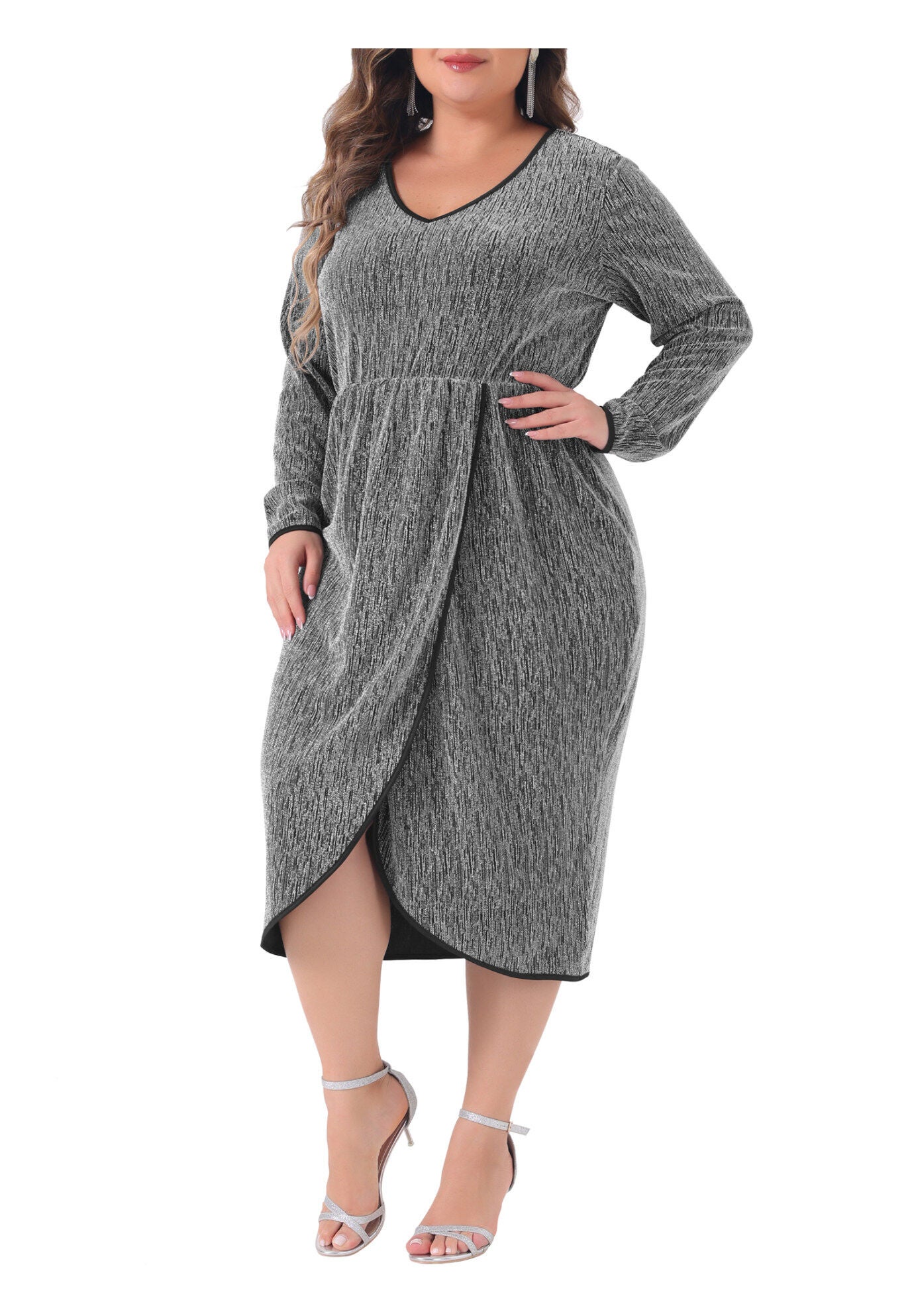 Sparkly Glitter V Neck High Slit Sequin Dress, Silver / Silver, alternate image number 2