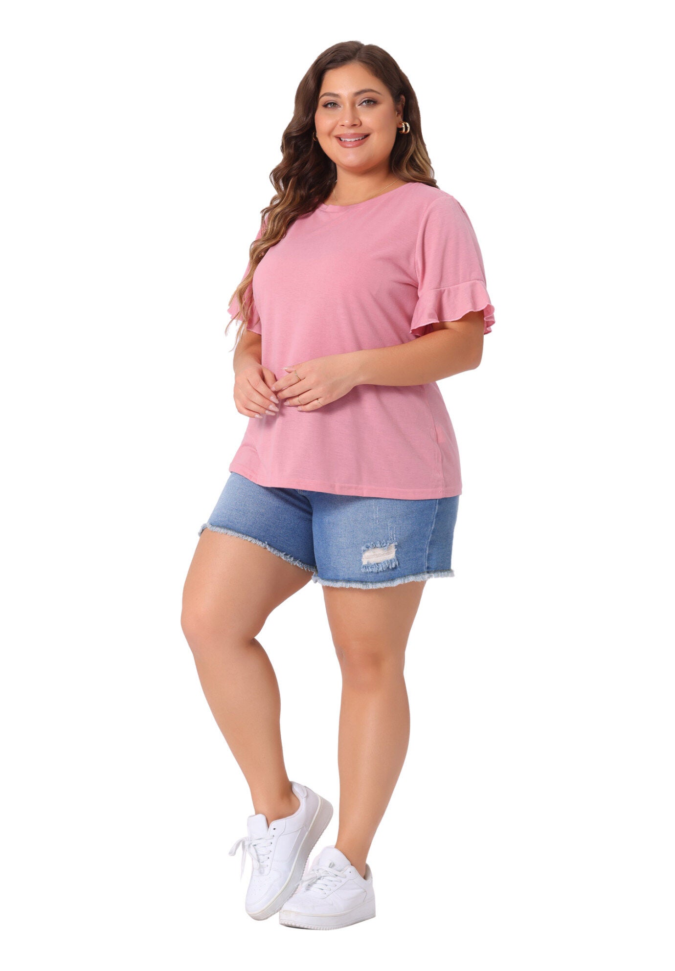 PLAIN CREW NECK RUFFLE SHORT SLEEVE TEE TOP, Pink / Pink, hi-res image number 0