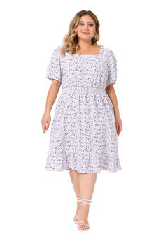 SHORT SLEEVE SQUARE NECK ELASTIC WAIST FLORAL DRESS