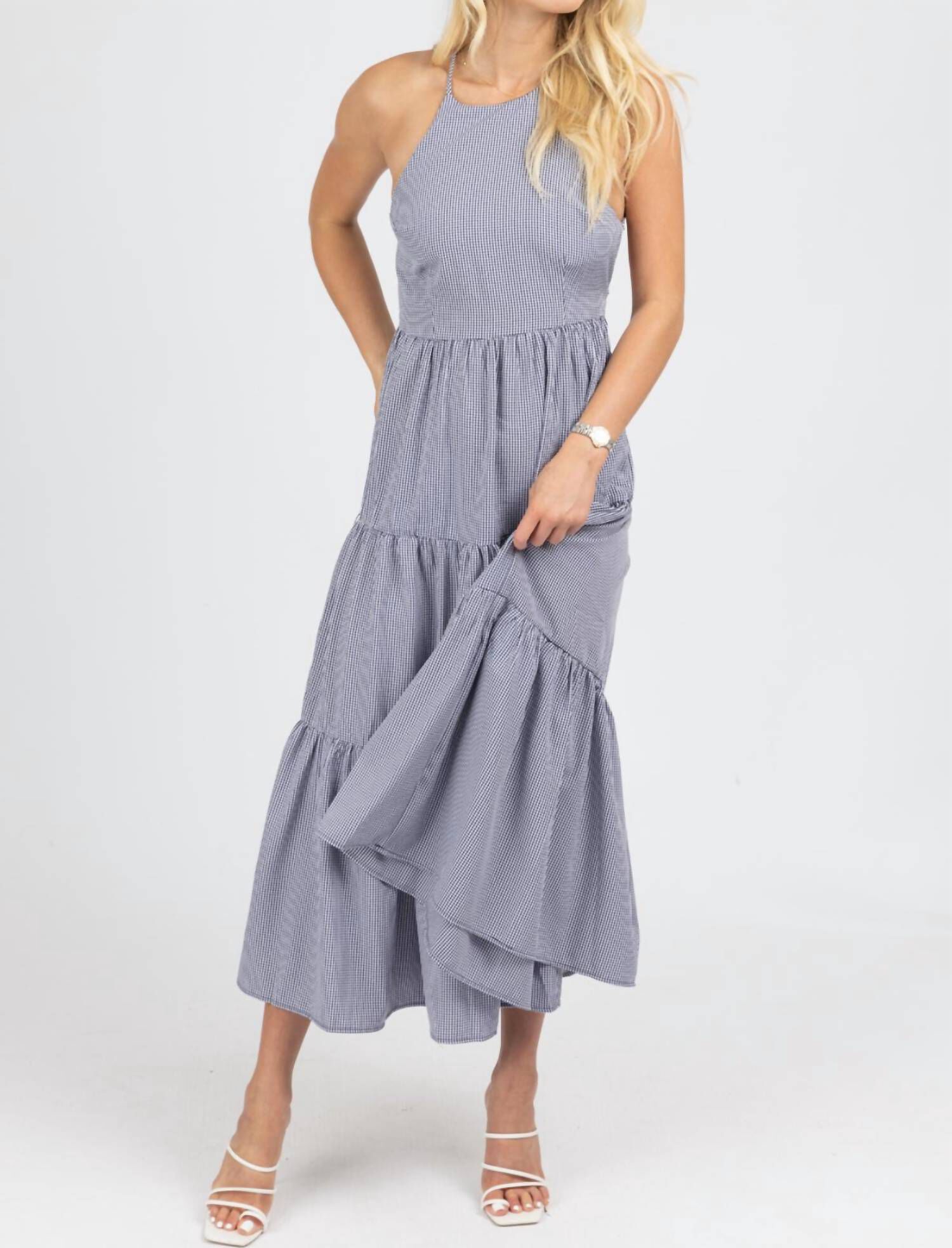 GINGHAM TIERED OPEN BACK MAXI DRESS IN NAVY, , alternate image number 5