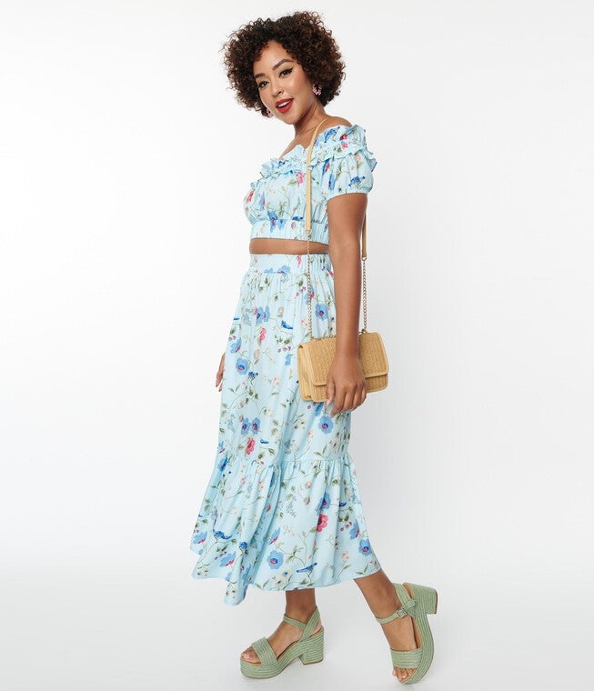 Unique Vintage Blue Floral & Blue Bird Tiered Midi Skirt, , alternate image number null